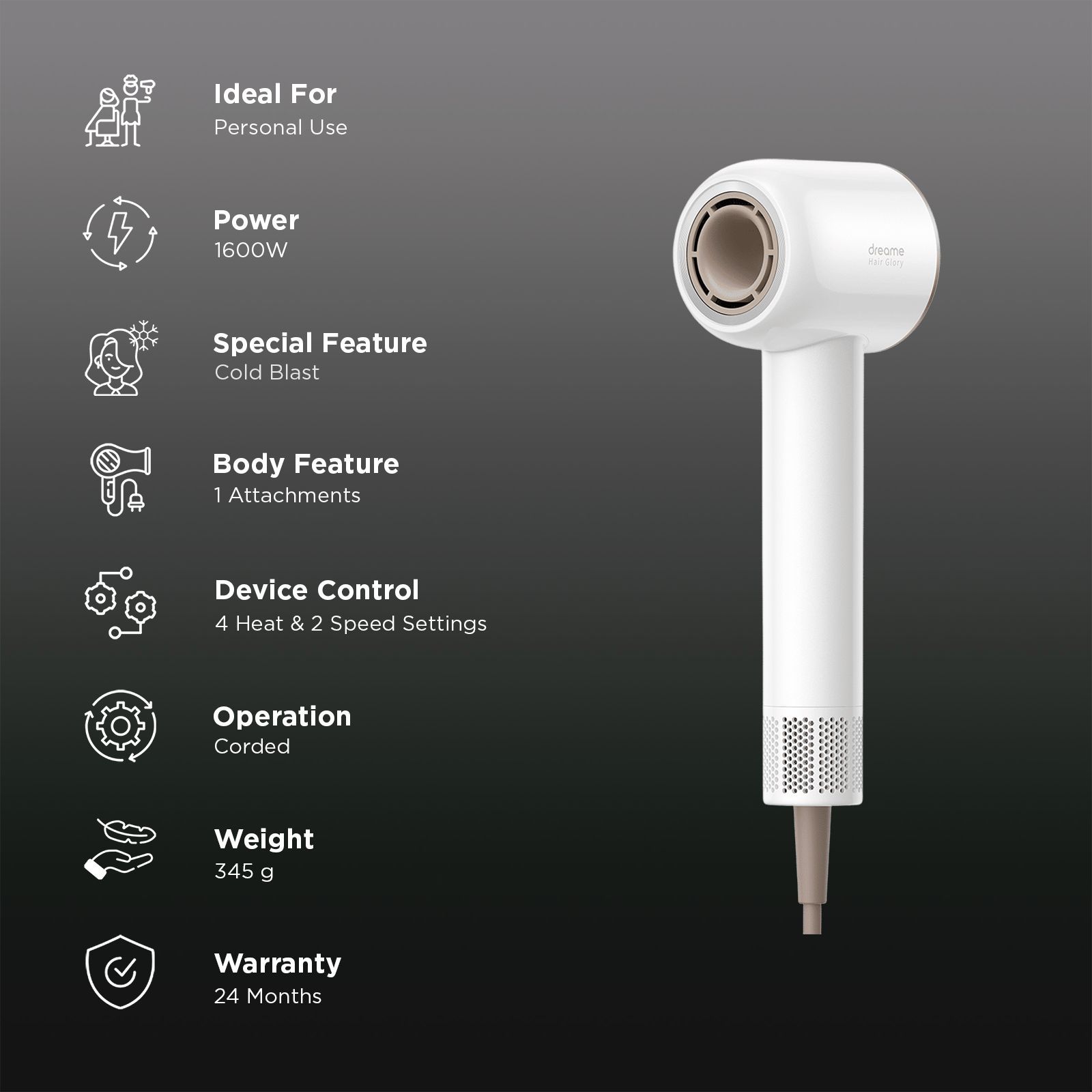 DREAME Glory Hair Dryer with 4 Heat Settings & Cool Blow (Advanced Negative Ion Technology, White & Rose)_3