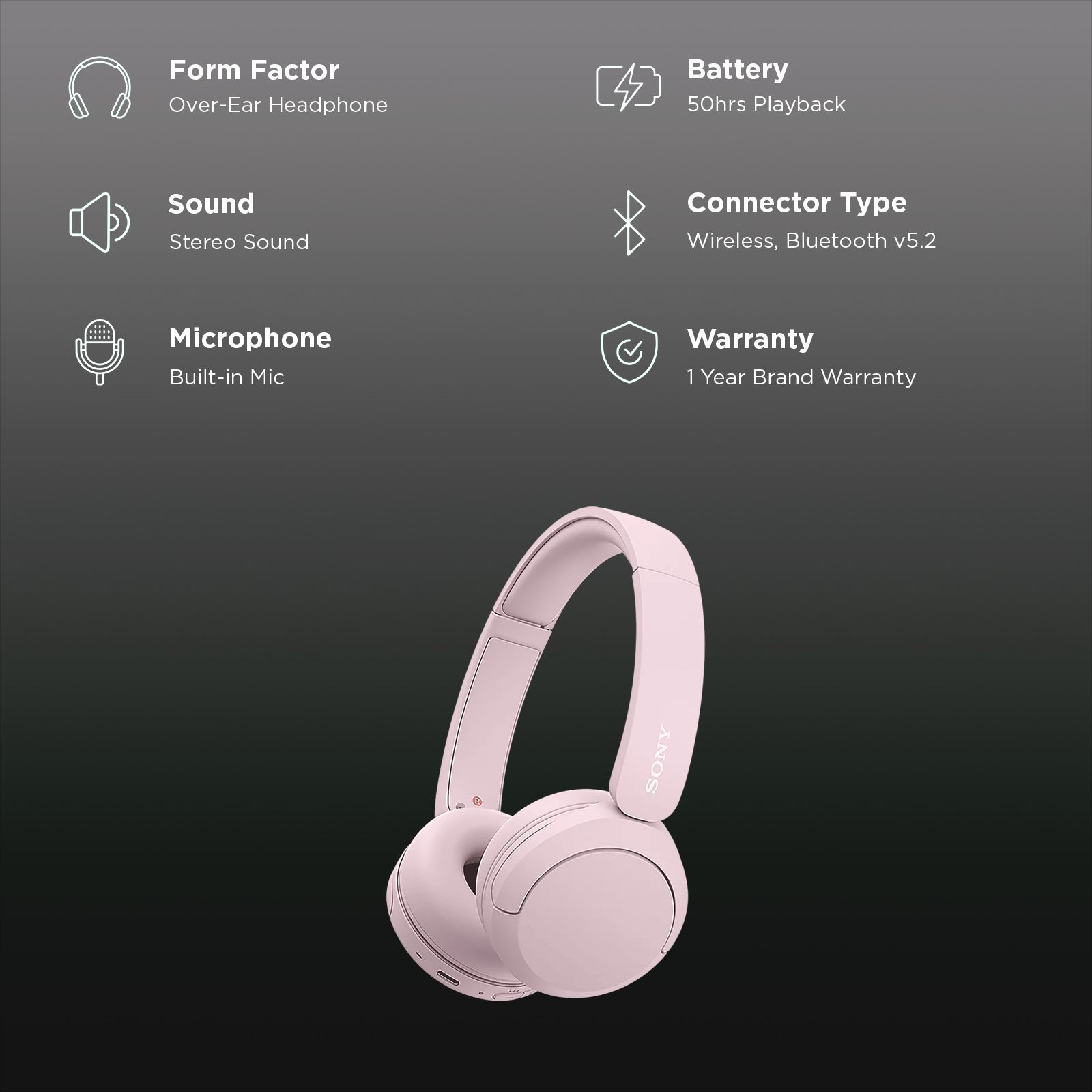 SONY WH-CH520 Bluetooth Headphone with Mic (Digital Sound Enhancement Engine, Over Ear, Pink)_2