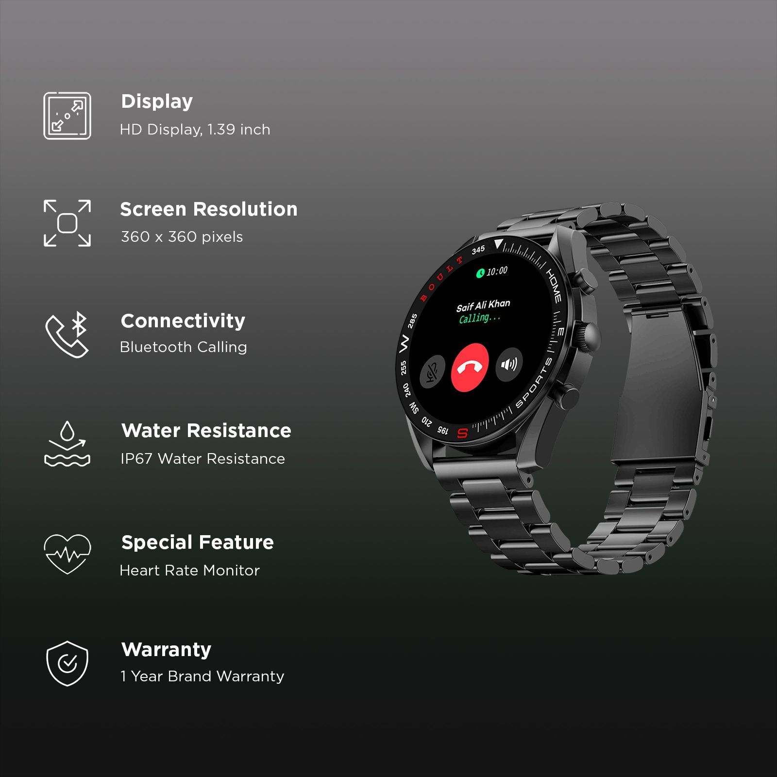 GOBOULT Radian Smartwatch with Bluetooth Calling (35.3mm HD Display, IP67 Water Resistant, Coal Black Strap)_2