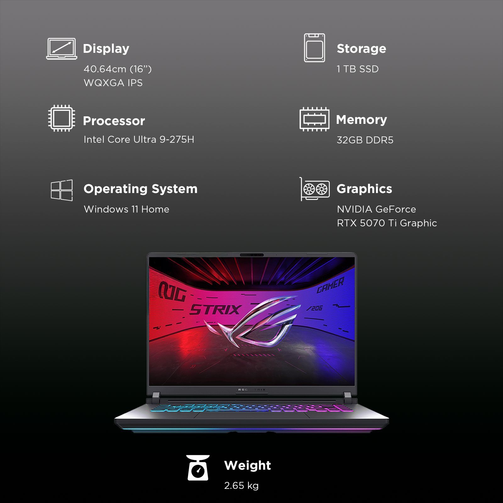 ASUS ROG Strix G16 G615LR-S5190WS Intel Core Ultra 9 Gaming Laptop (32GB, 1TB SSD, Windows 11 Home, 12GB Graphics, 16 inch 240 Hz 2.5K WQXGA Display, NVIDIA GeForce RTX 5070Ti, MS Office Home 2024, Eclipse Gray, 2.65 KG)_3