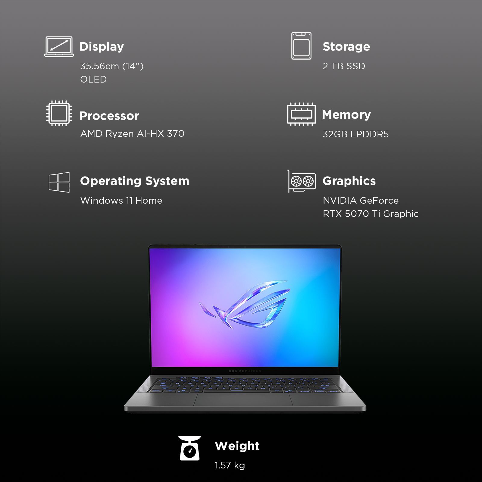 ASUS ROG Zephyrus G14 GA403WR-QS123WS AMD Ryzen AI 9 Gaming Laptop (32GB, 2TB SSD, Windows 11 Home, 12GB Graphics, 14 inch 120Hz 3K OLED Display, NVIDIA GeForce RTX 5070 Ti, MS Office Home 2024, Eclipse Gray, 1.57 KG)_3