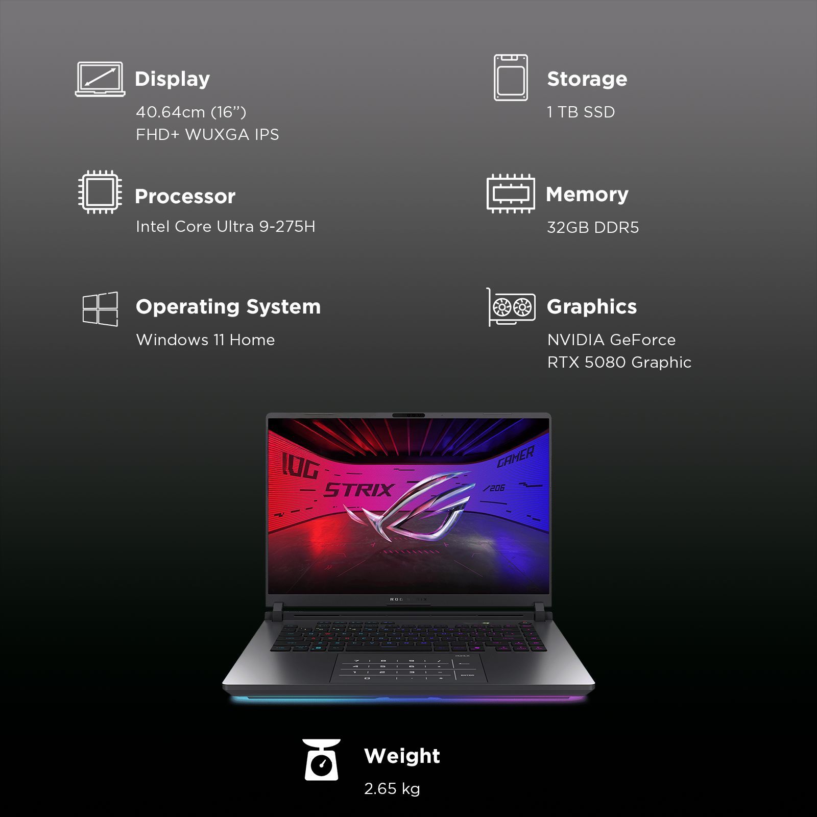 ASUS ROG Strix G16 G615LW-RV148WS Intel Core Ultra 9 Gaming Laptop (32GB, 1TB SSD, Windows 11 Home, 16GB Graphics, 16 inch 165 Hz Full HD Plus WUXGA Display, NVIDIA GeForce RTX 5080, MS Office Home 2024, Eclipse Gray, 2.65 KG)_3