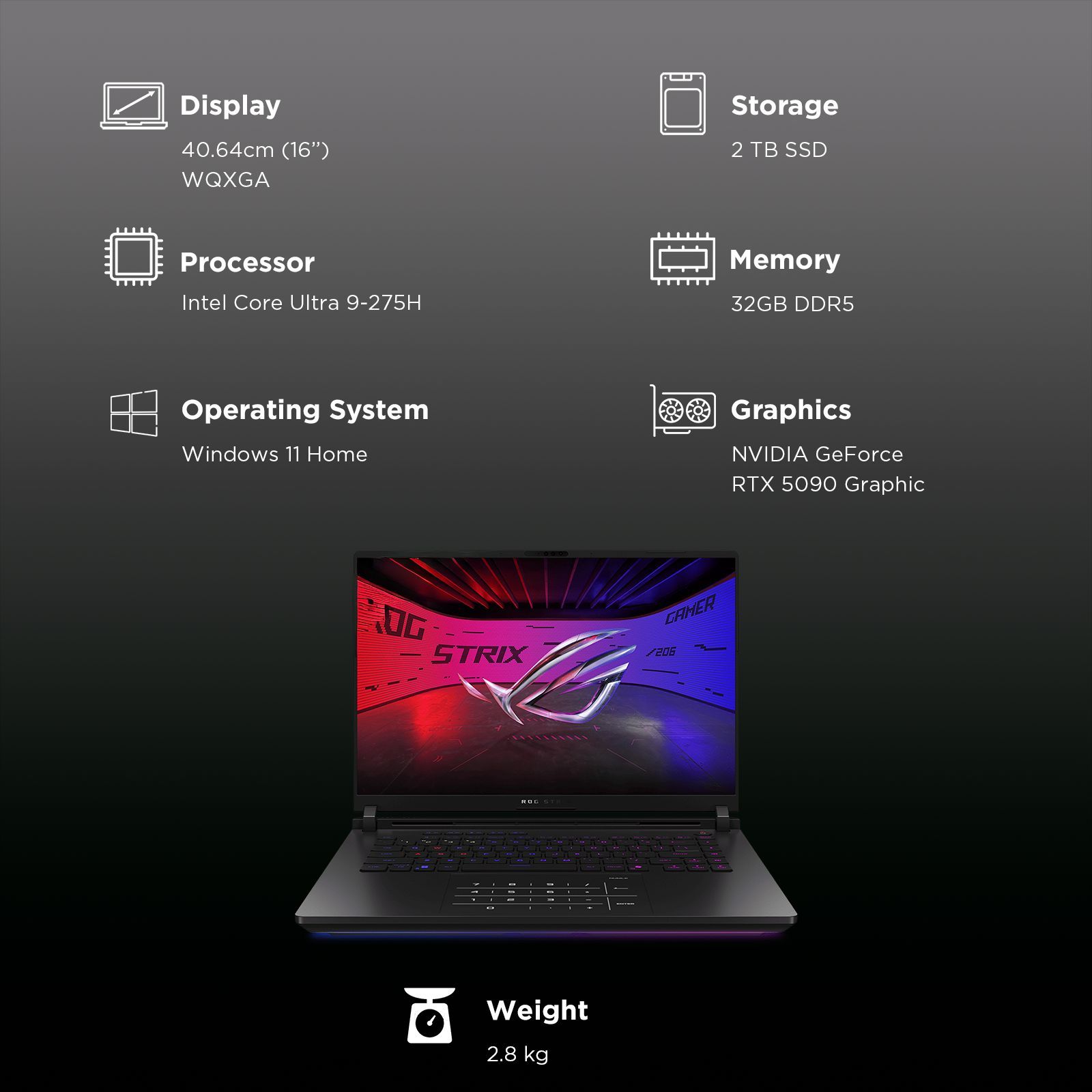 ASUS ROG Strix SCAR 16 G635LX-RW158WS Intel Core Ultra 9 Gaming Laptop (32GB, 2TB SSD, Windows 11 Home, 24GB Graphics, 16 inch 240 Hz 2.5K WQXGA Mini LED Display, NVIDIA GeForce RTX 5090, MS Office Home 2024, Off Black, 2.8 KG)_3
