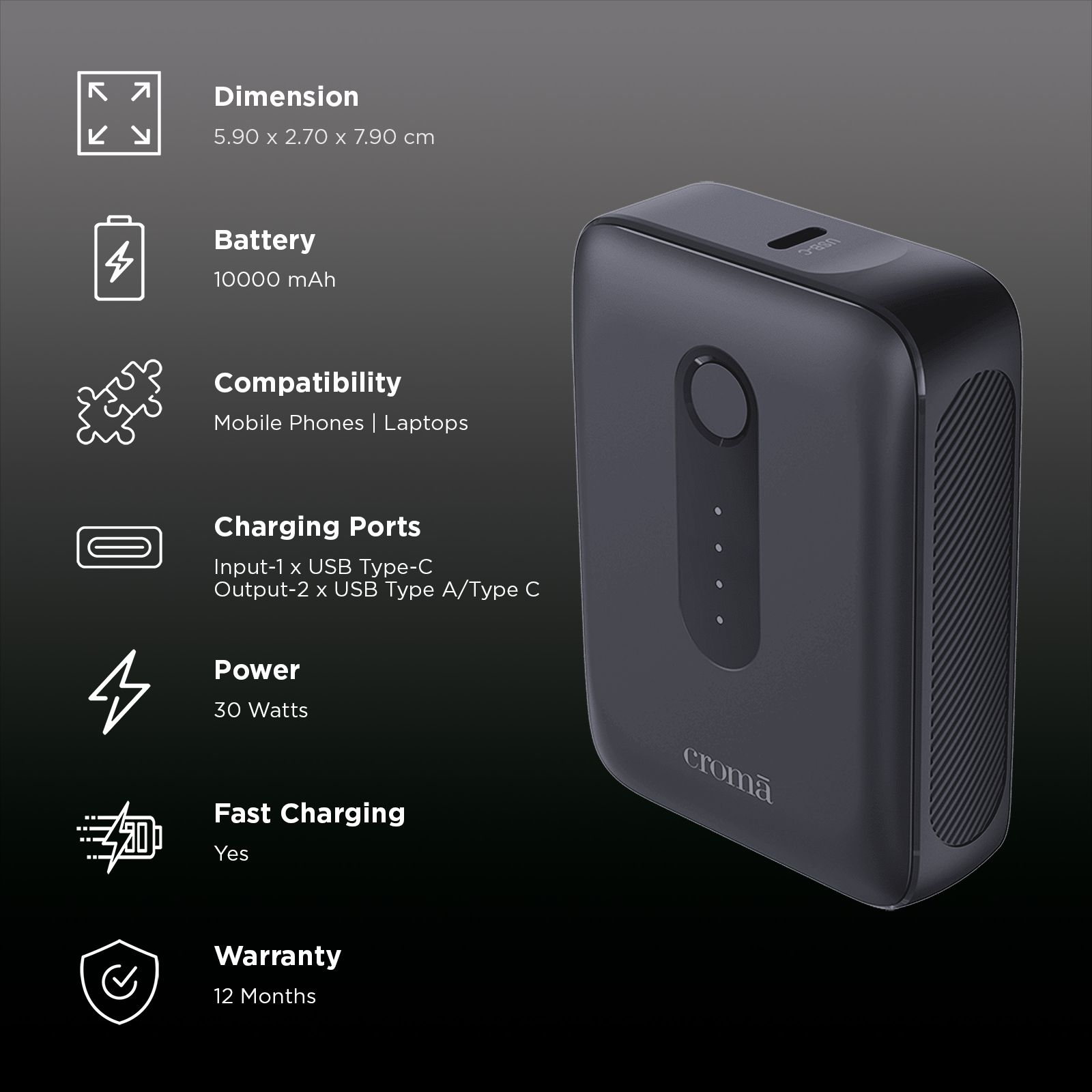 Croma Compact 10000 mAh 30W Fast Charging Power Bank (1 Type A & 1 Type C Port, Multi-Level Protection for Safe Charging, Black)_3