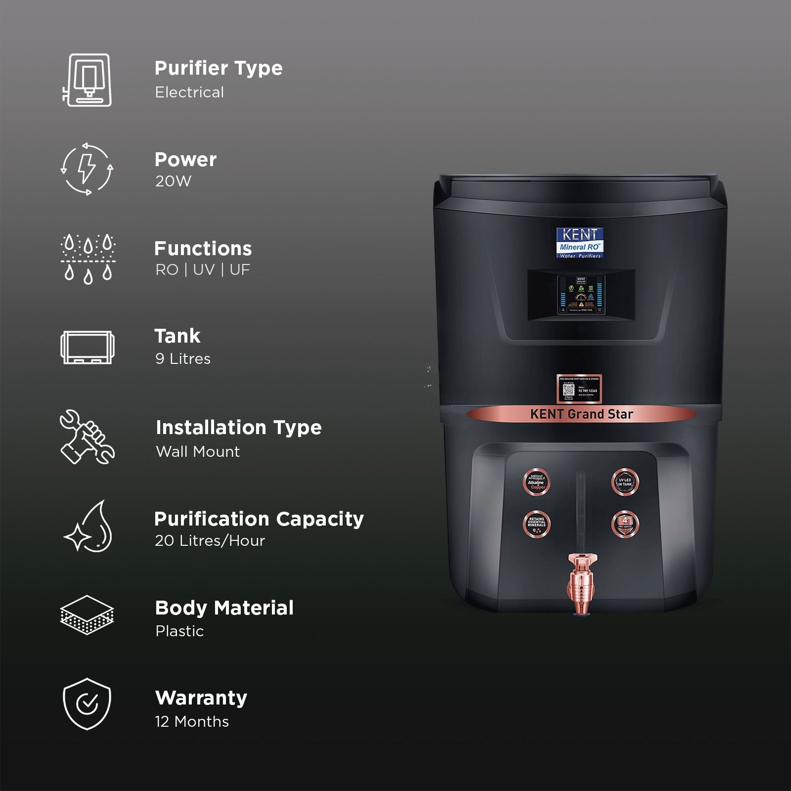 KENT Grand Star 9L RO + UV + UF + TDS + Alkaline Water Purifier with Digital Display (Black)_3