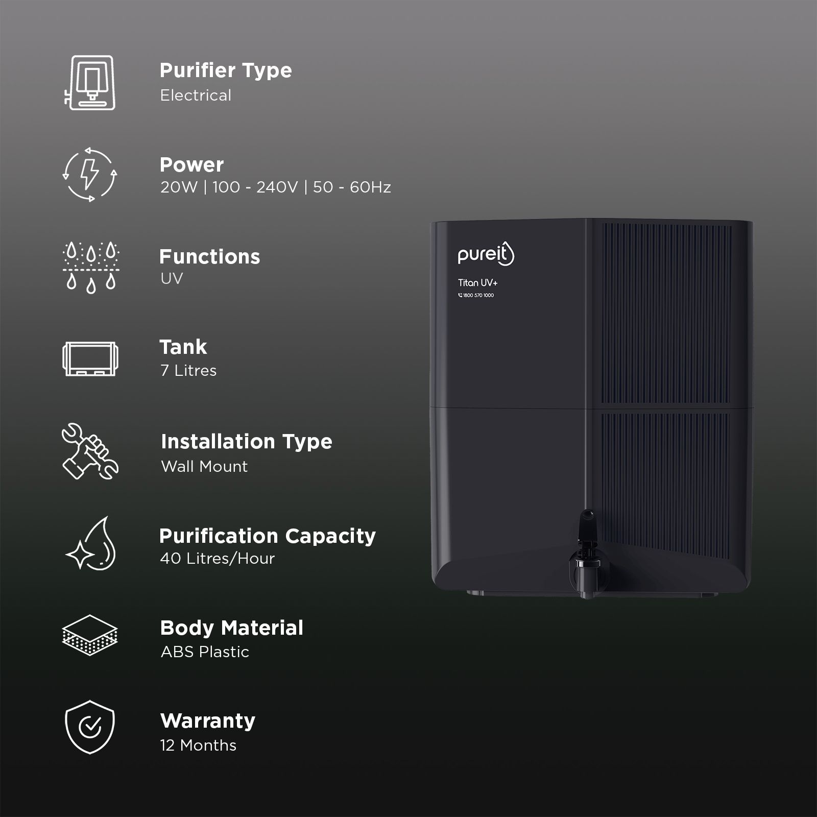 pureit Titan UV+ 7L UV Lamp + UFSC+ UV Led Water Purifier with Integrated Sediment Filter (Black)_3