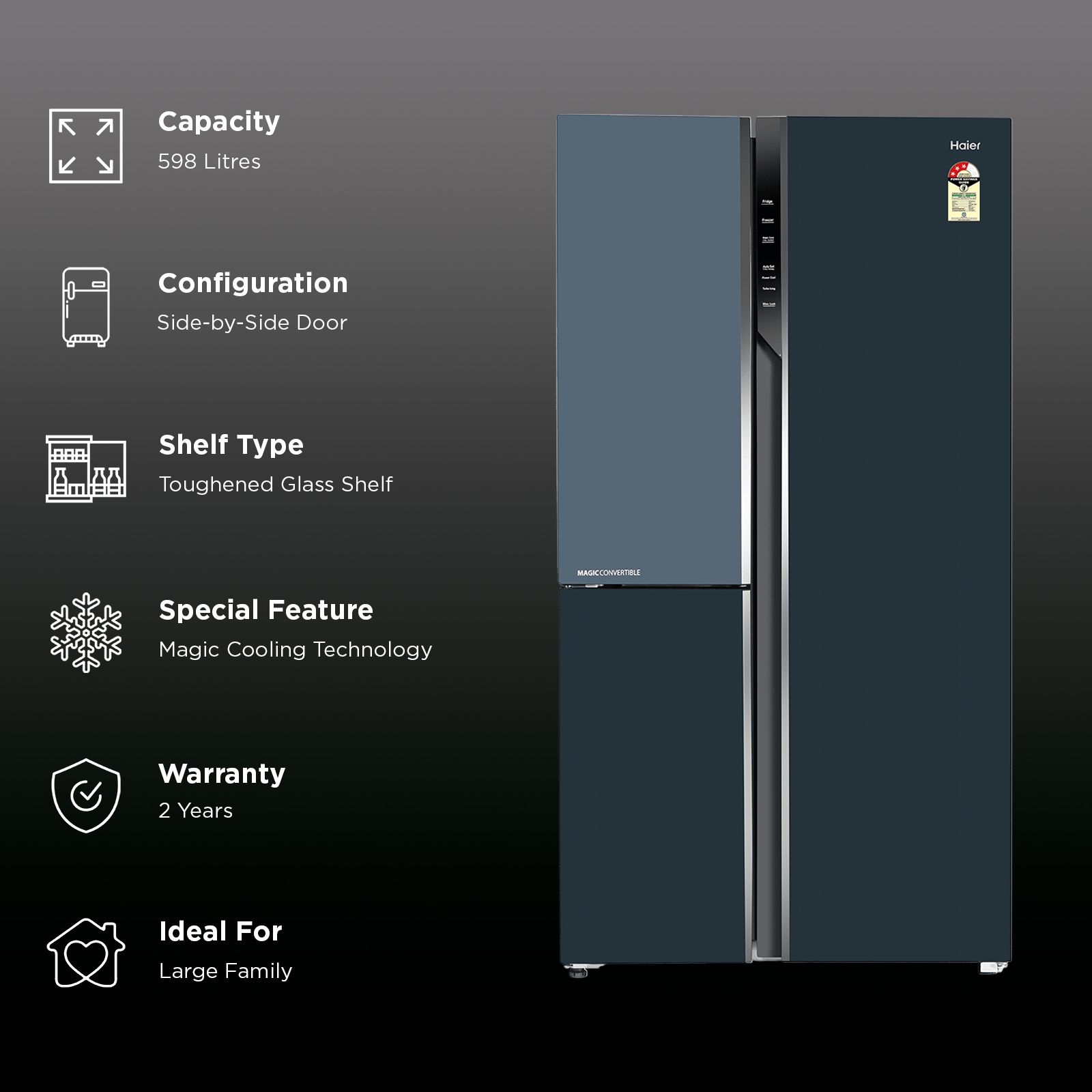 Haier Vogue Series 598 Litres 3 Star Frost Free Side by Side Door Smart Wifi Enabled Convertible Refrigerator with Deo Fresh Technology (HRT-683GOGU1, Grey Onyx Glass)_2