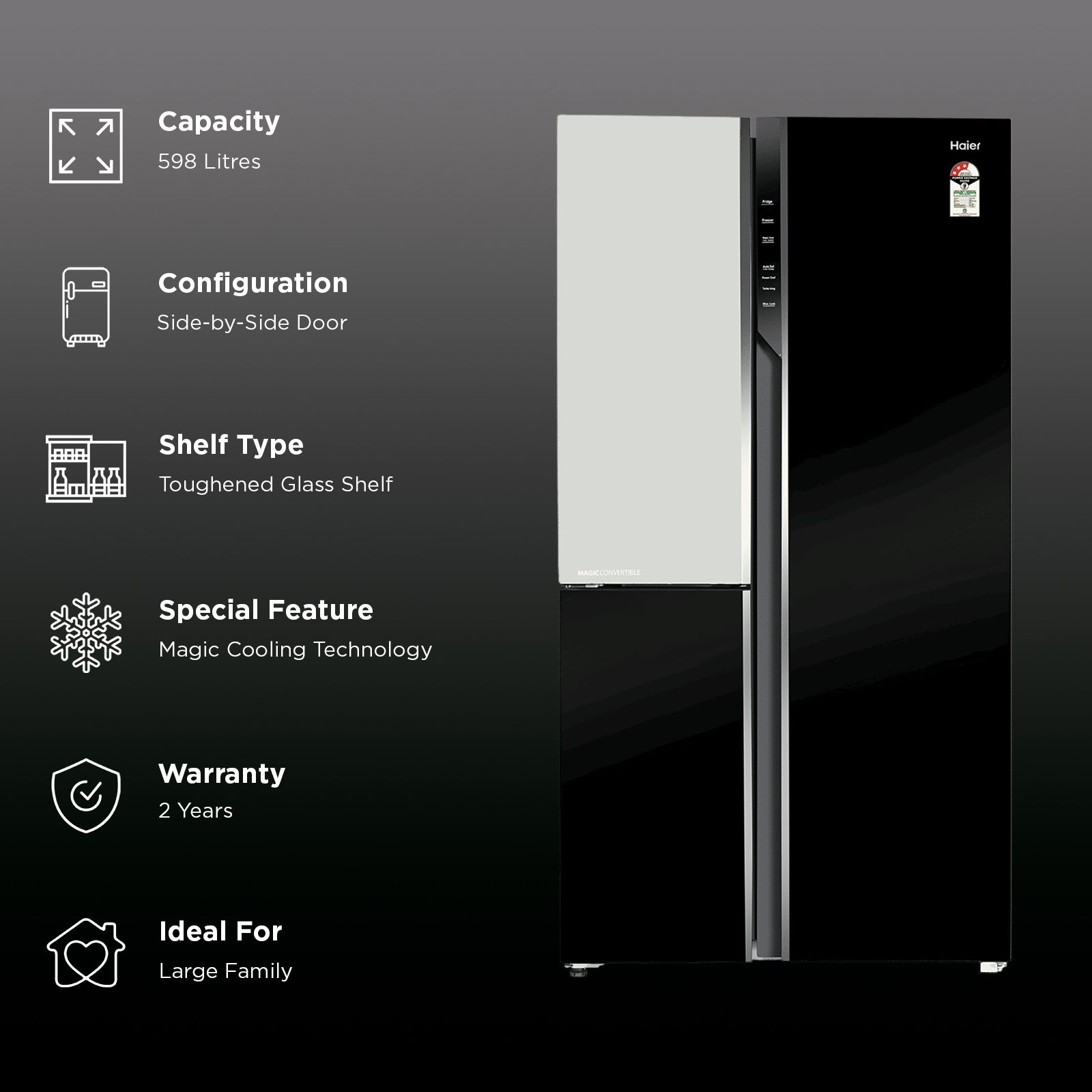 Haier Vogue Series 598 Litres 3 Star Frost Free Side by Side Door Smart Wifi Enabled Convertible Refrigerator with Deo Fresh Technology (HRT-683KWGU1, Black White Glass)_2