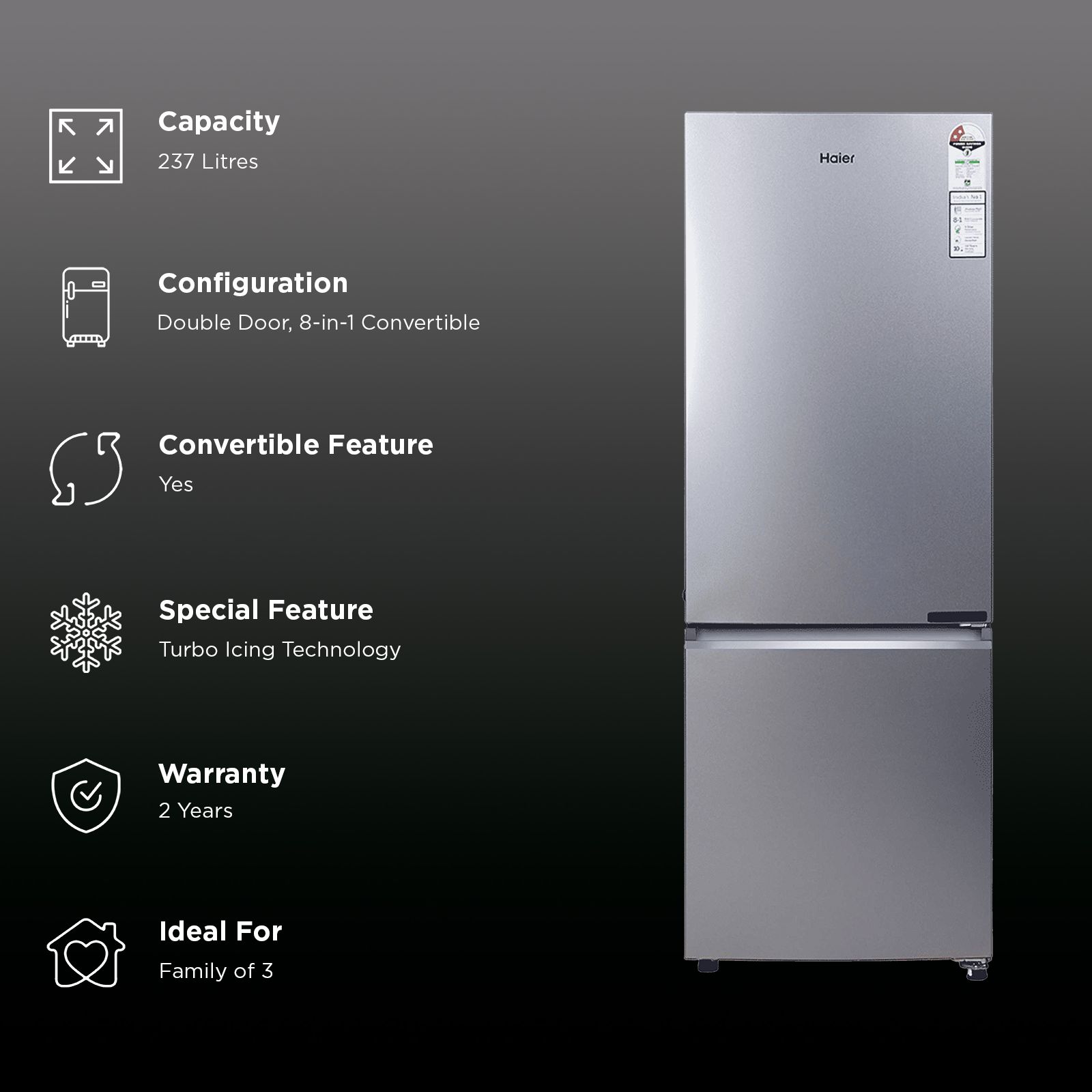 Haier 237 Litres 2 Star Frost Free Double Door Bottom Mount Convertible Refrigerator with Turbo Icing (HRB-2872IBMS-P, Moon Silver)_2