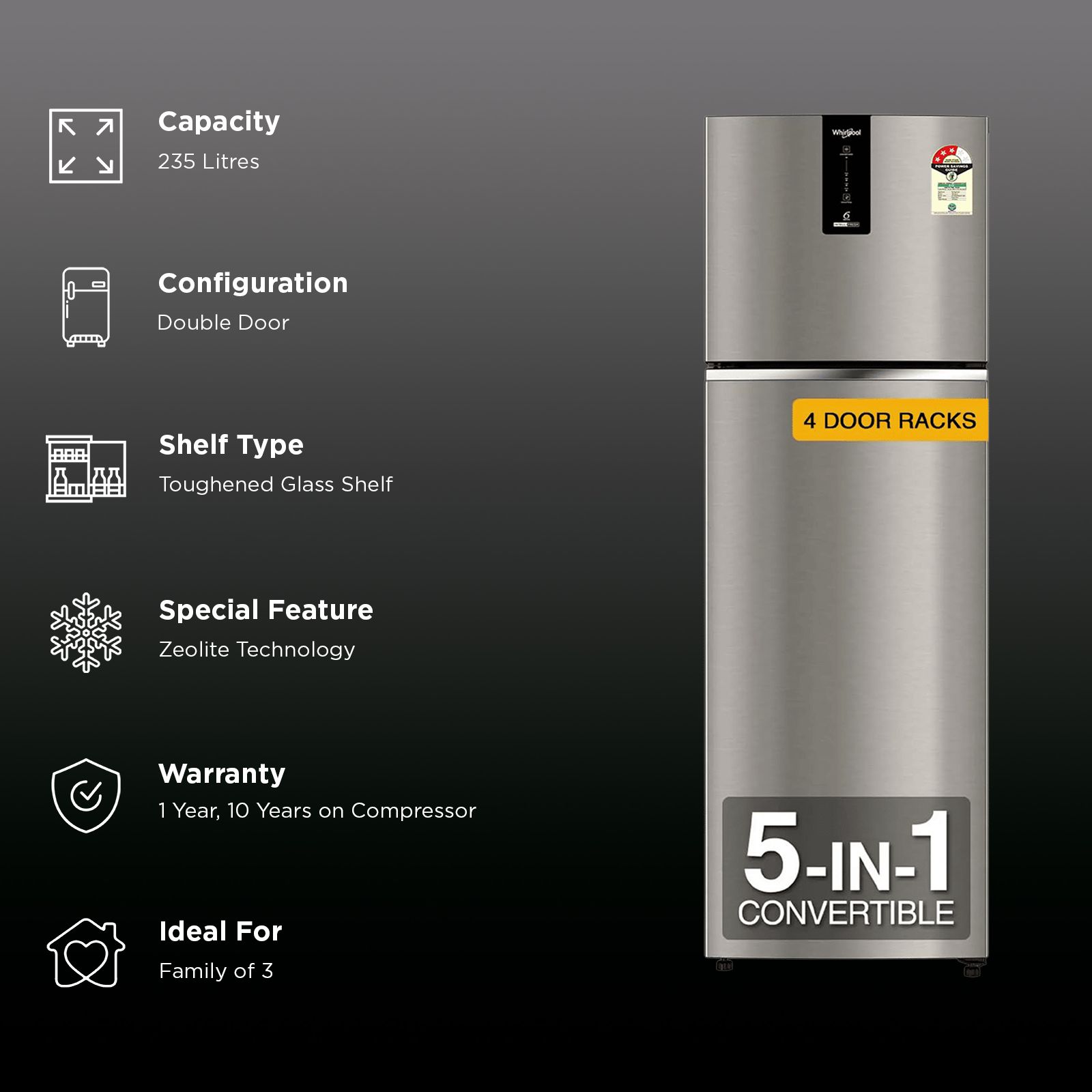 Whirlpool Intellifresh 235 Litres 3 Star Frost Free Double Door Convertible Refrigerator with 6th Sense Technology (22139, Grey)_3