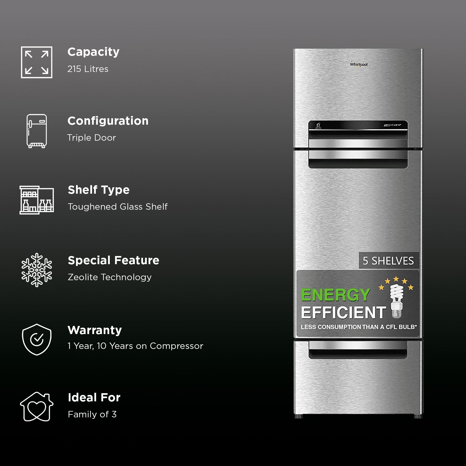 Whirlpool Protton 215 Litres Frost Free Triple Door Refrigerator with Zeolite Technology (22164, Radiant Steel) Whirlpool Protton 215 Litres Frost Free Triple Door Refrigerator with Zeolite Technology (22164, Radiant Steel)_3
