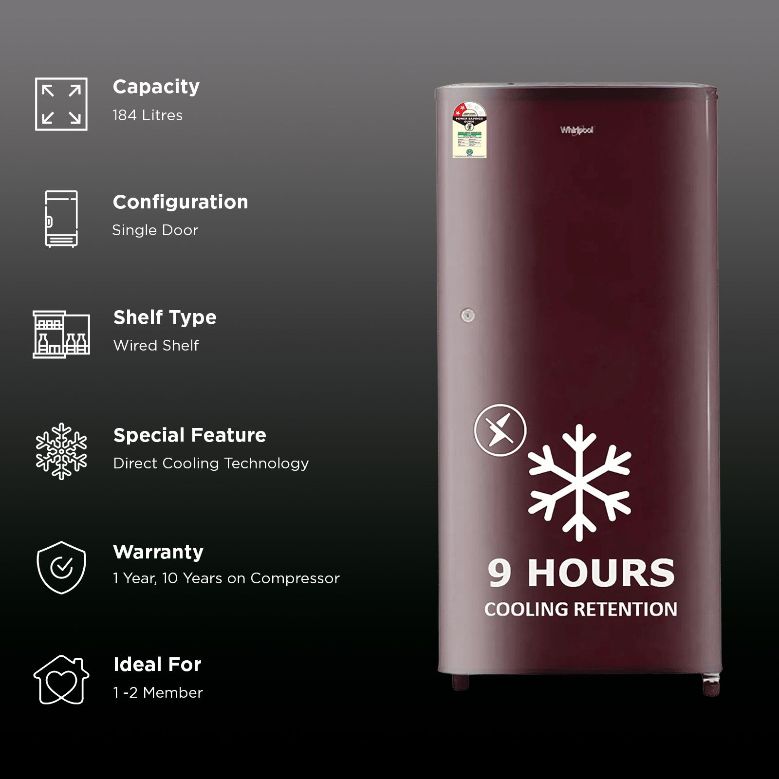 Whirlpool WDE Series 184 Litres 2 Star Direct Cool Single Door Refrigerator with Insulated Capillary Technology (72677, Wine) Whirlpool WDE Series 184 Litres 2 Star Direct Cool Single Door Refrigerator with Insulated Capillary Technology (72677, Wine)_2