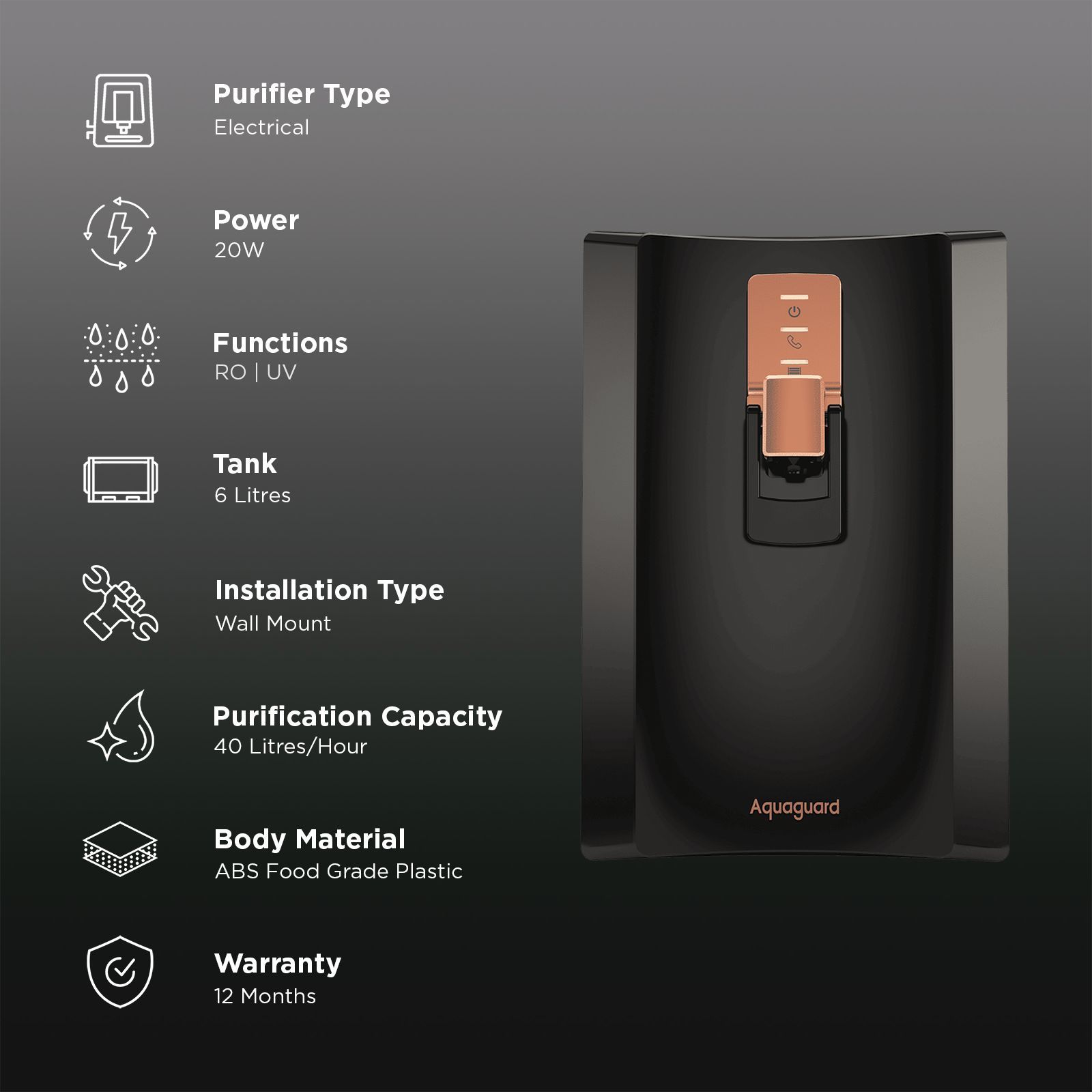 Aquaguard Enrich Superio 6L RO+UV Water Purifier with Active Copper Zinc Booster Technology (Black)_3