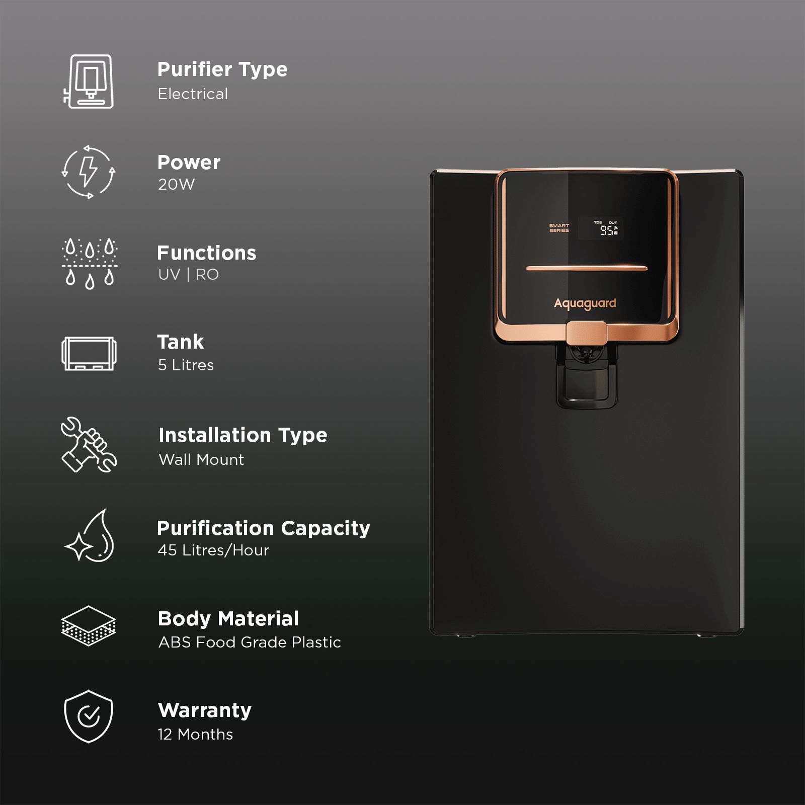 Aquaguard Enrich Stylo 5L RO+UV Water Purifier with Active Copper Zinc Booster Technology (Black)_3