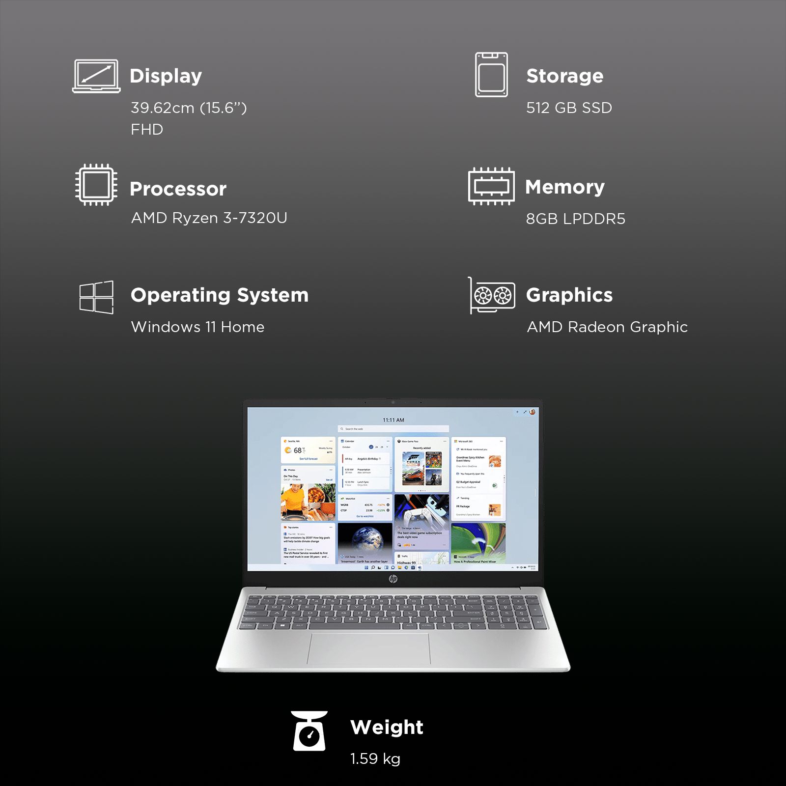 HP 15-fc0154AU AMD Ryzen 3 Thin & Light Laptop (8GB, 512GB SSD, Windows 11 Home, 15.6 inch Full HD Display, MS Office Home, Natural Silver, 1.59 KG)_3