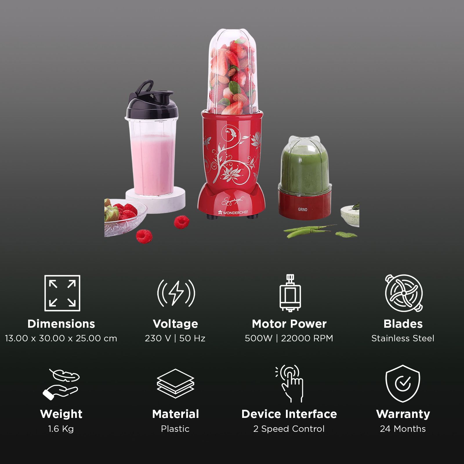 WONDERCHEF Nutri-blend 500 Watt 3 Jars Mixer Grinder Blender (22000 RPM, Powerful Motor, Red) WONDERCHEF Nutri-blend 500 Watt 3 Jars Mixer Grinder Blender (22000 RPM, Powerful Motor, Red)_3