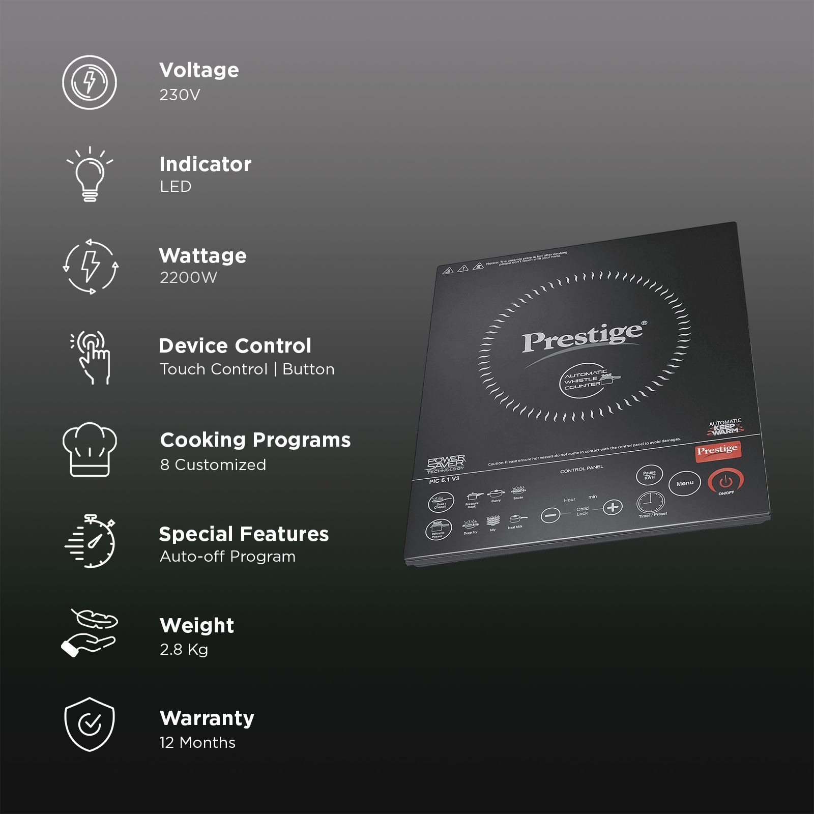 Prestige PIC 6.1 V3 2200W Single Induction Cooktop with 8 Preset Menus_3