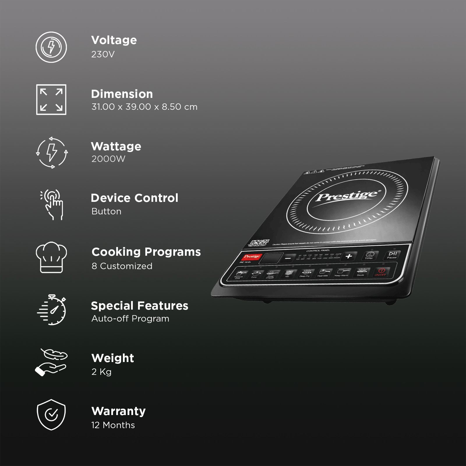 Prestige PIC 16.0 Plus 2000W Single Induction Cooktop with 8 Preset Menus Prestige PIC 16.0 Plus 2000W Single Induction Cooktop with 8 Preset Menus_3