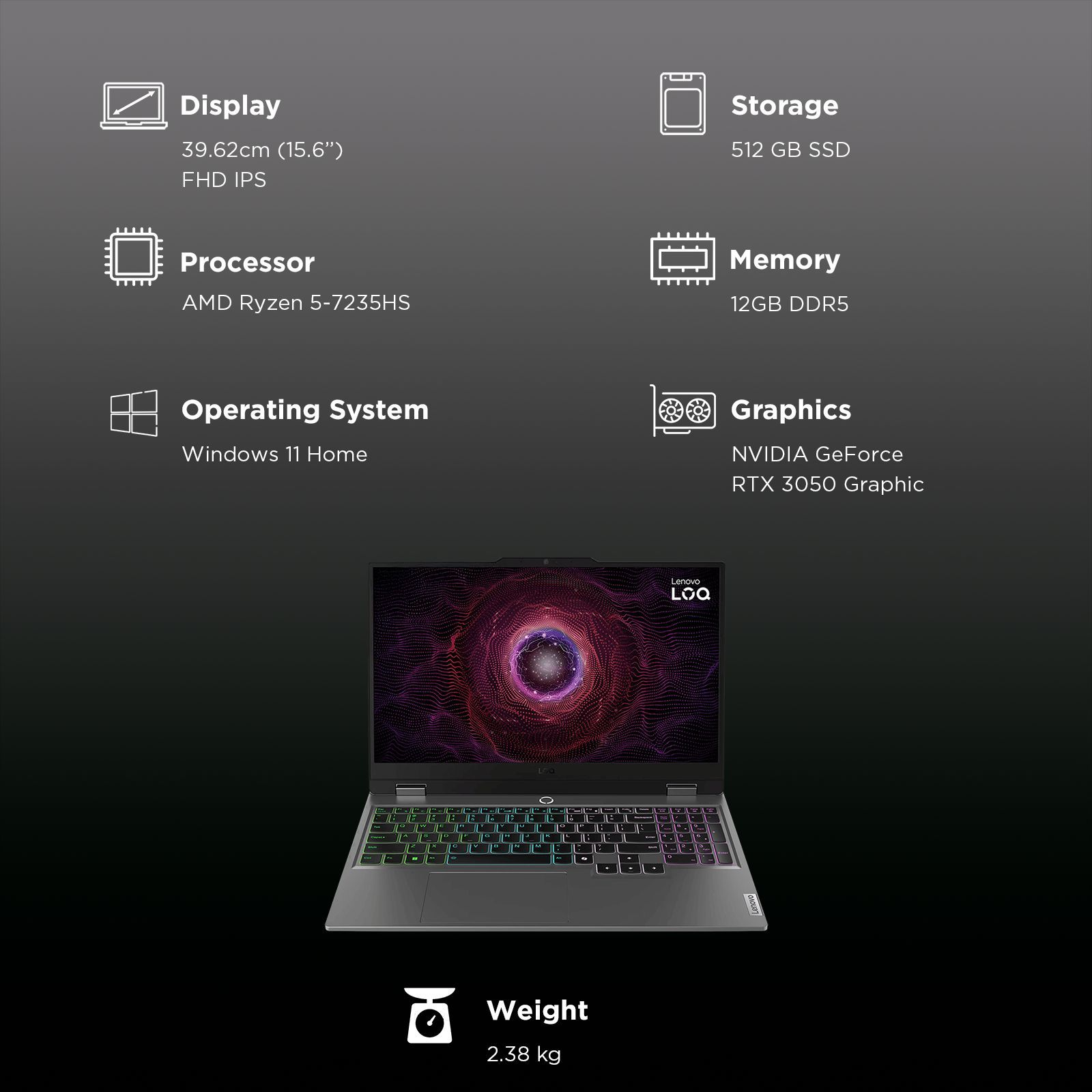 Lenovo LOQ 15ARP9 AMD Ryzen 5 Gaming Laptop (12GB, 512GB SSD, Windows 11 Home, 6GB Graphics, 15.6 inch 144 Hz Full HD IPS Display, NVIDIA GeForce RTX 3050, MS Office Home 2024, Luna Grey, 2.38 KG)_3