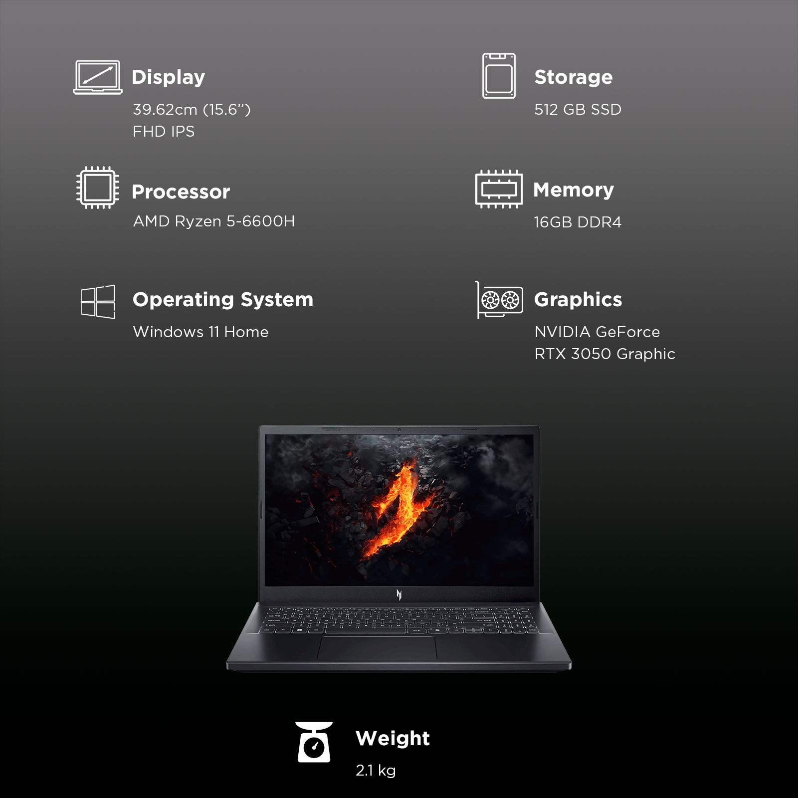 acer Nitro V15 AMD Ryzen 5 Gaming Laptop (16GB, 512GB SSD, Windows 11 Home, 6GB Graphics, 15.6 Inch 165 Hz Full HD IPS Display, NVIDIA GeForce RTX 3050, MS Office, Obsidian Black, 2.10 KG)_3