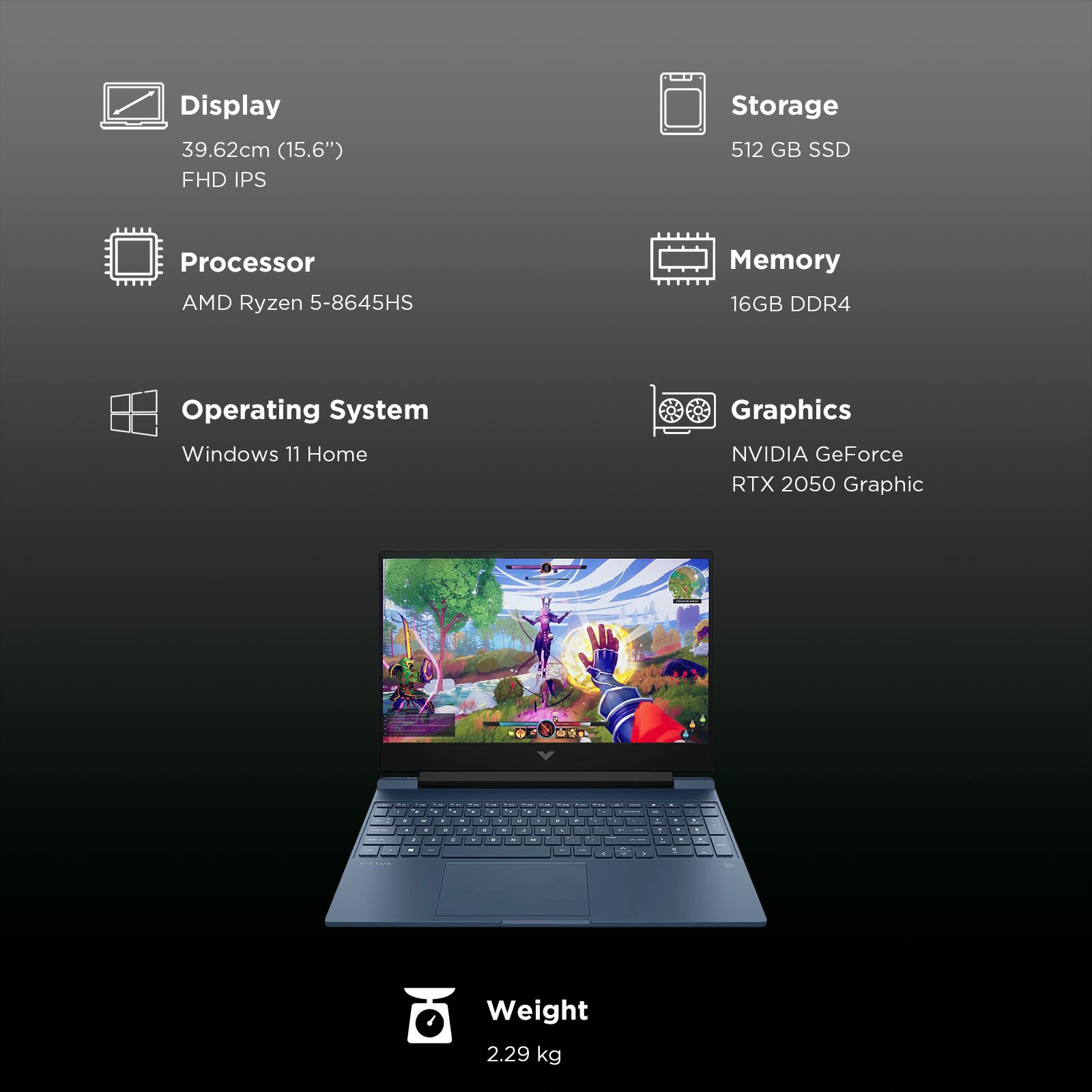 HP Victus 15-fb3004AX AMD Ryzen 5 Gaming Laptop (16GB, 512GB SSD, Windows 11 Home, 4GB Graphics, 15.6 inch 144 Hz Full HD IPS Display, NVIDIA GeForce RTX 2050, MS Office Home 2024, Performance Blue, 2.29 KG)_3