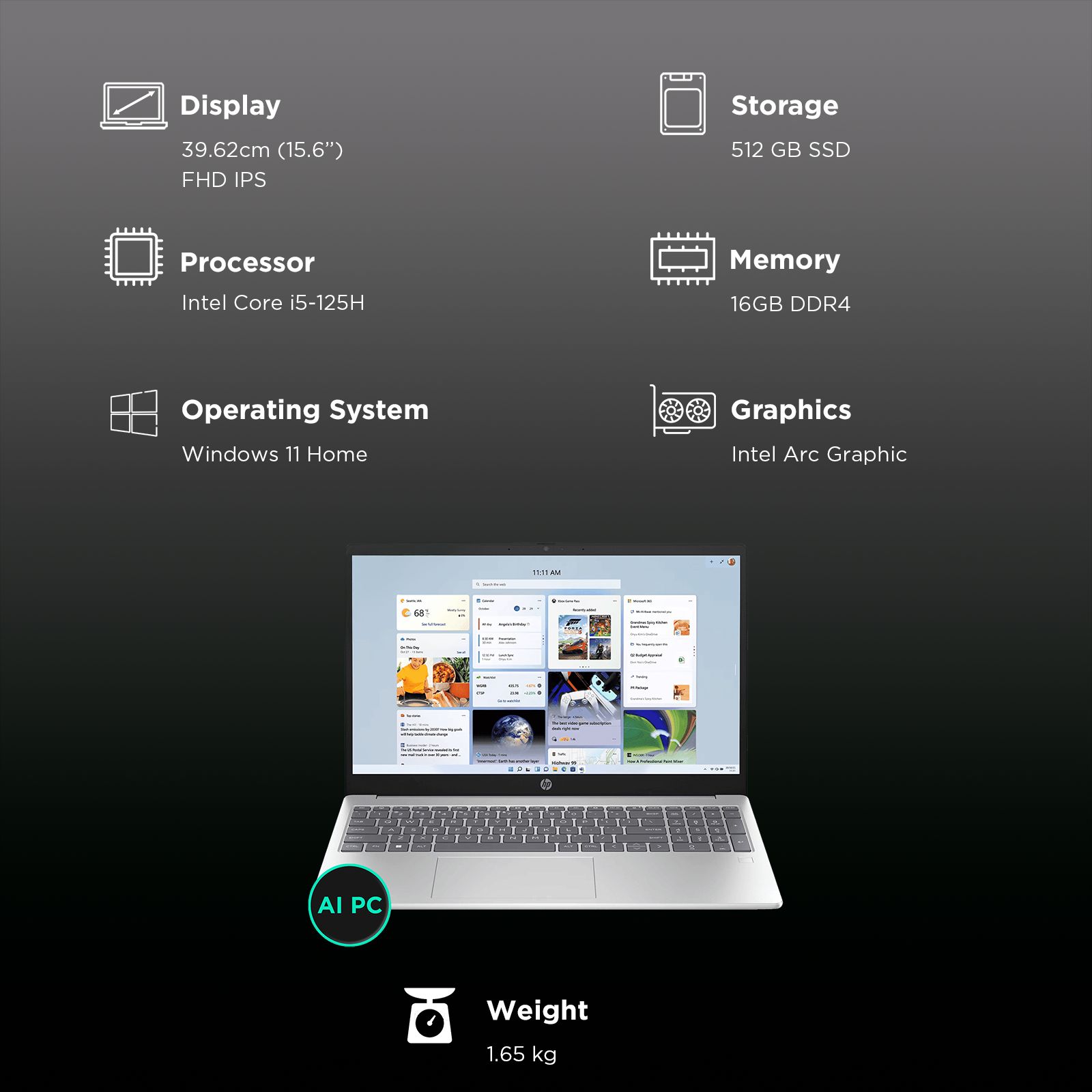 HP 15-hr1000TU Intel Core Ultra 5 Thin & Light Laptop (16GB, 512GB SSD, Windows 11 Home, 15.6 inch Full HD Display, Natural Silver, 1.65 KG)_3