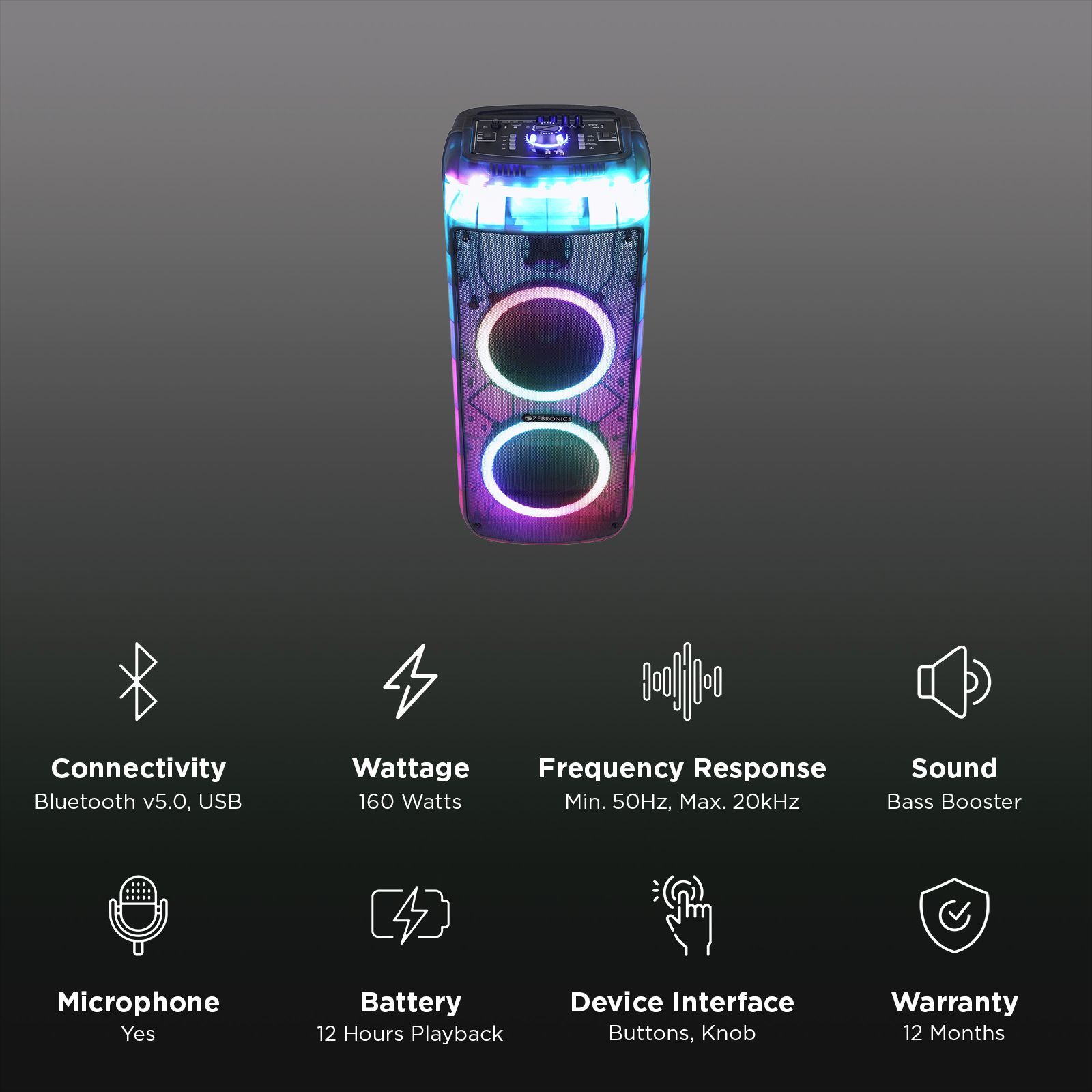 ZEBRONICS Zeb Glow Box 8B 160W Bluetooth Party Speaker wit Mic (RGB Lights with Control Switch, Hi-Fi Party Speaker, Black)_2