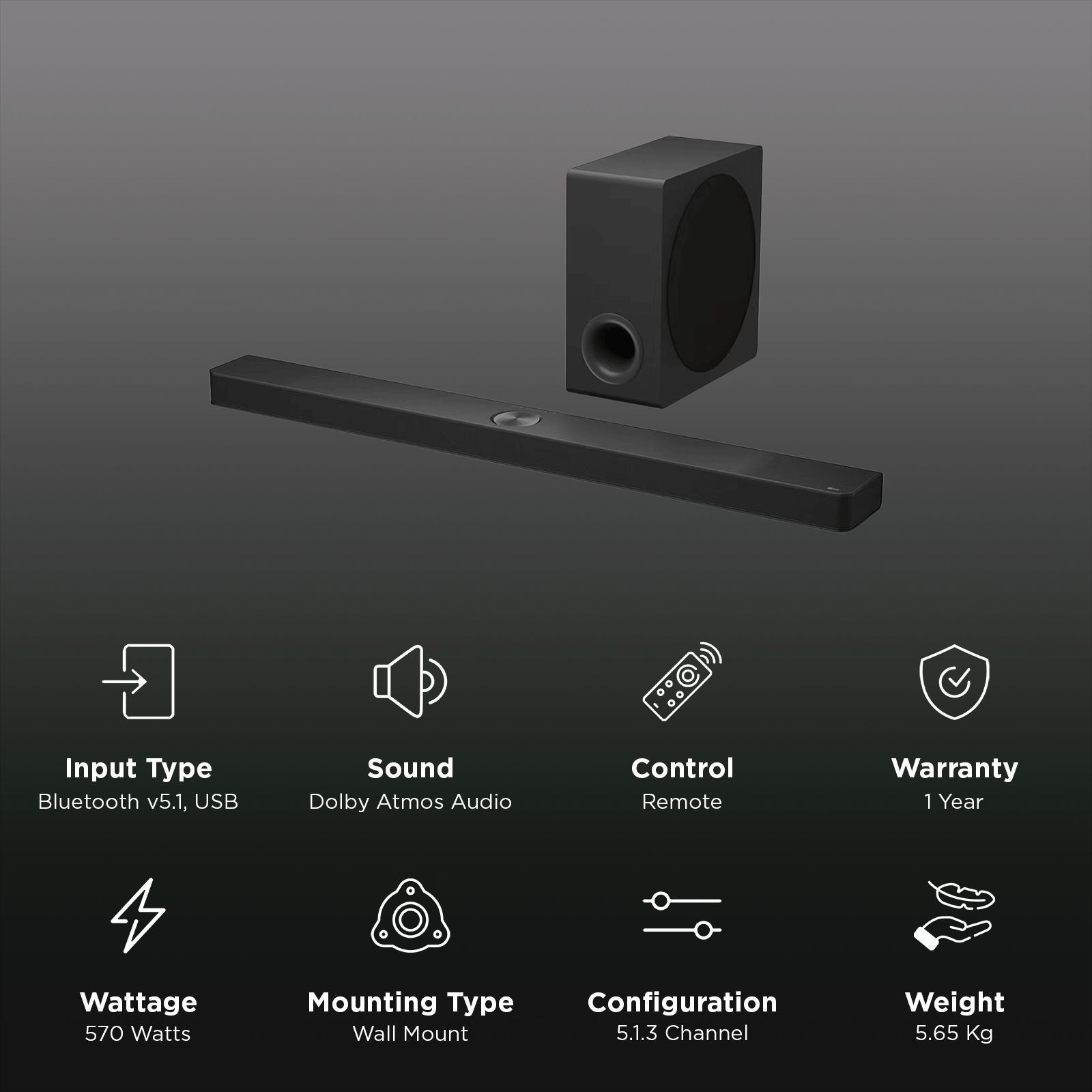 LG S90TY 570W Bluetooth Soundbar with Remote (Dolby Atmos, 5.1.3 Channel, Black)_2