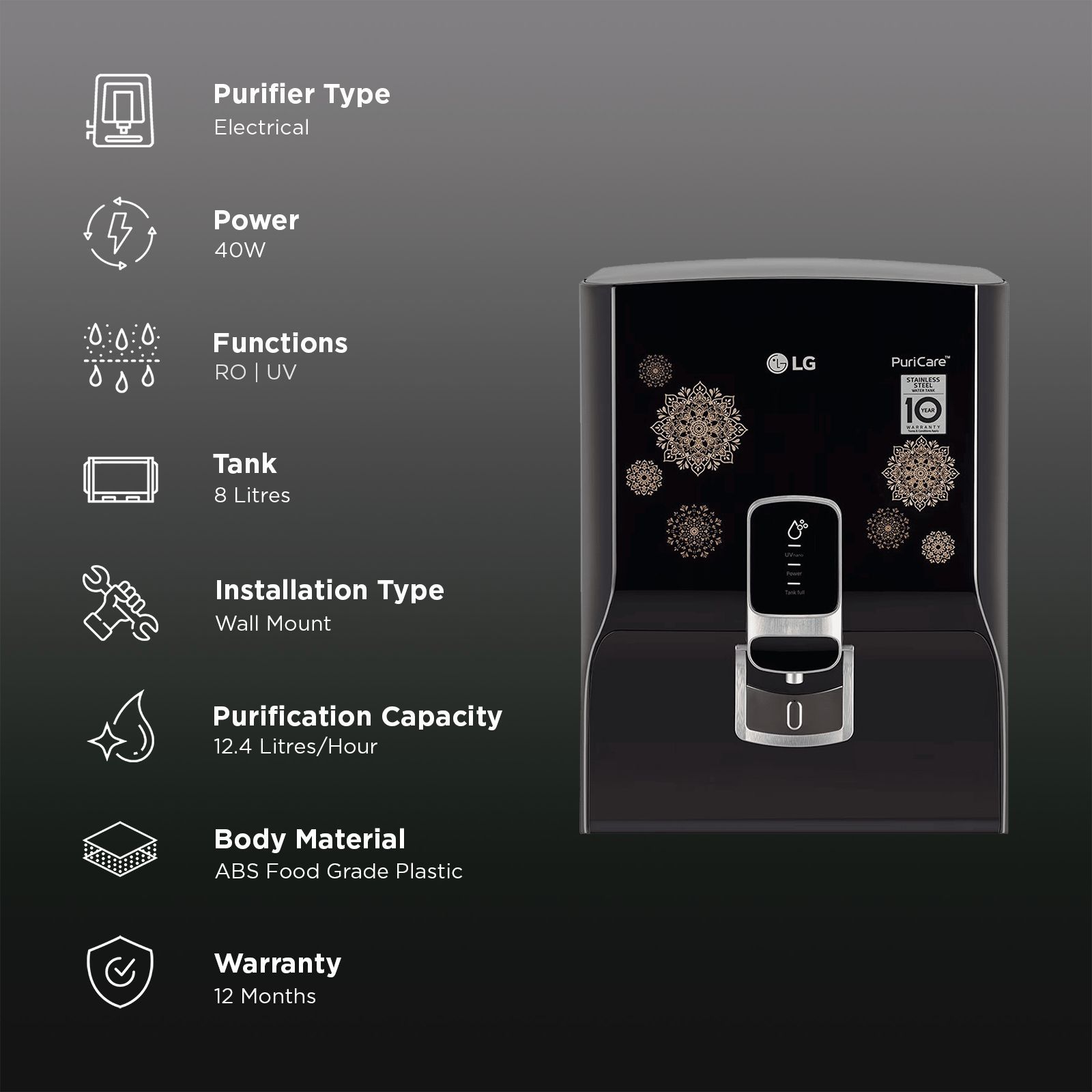 LG PuriCare 8L RO + UV + Mineral Booster Water Purifier with Multi Stage Filtration (Solid Black)_3