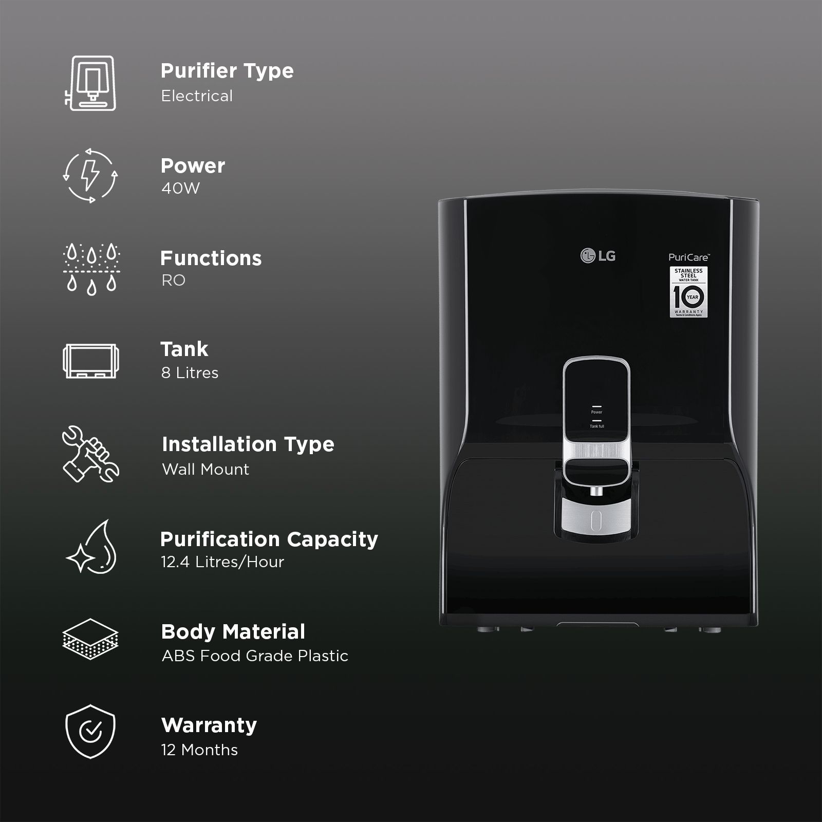 LG PuriCare 8L RO + Carbon Filter Water Purifier with Multi Stage Filtration (Solid Black)_3