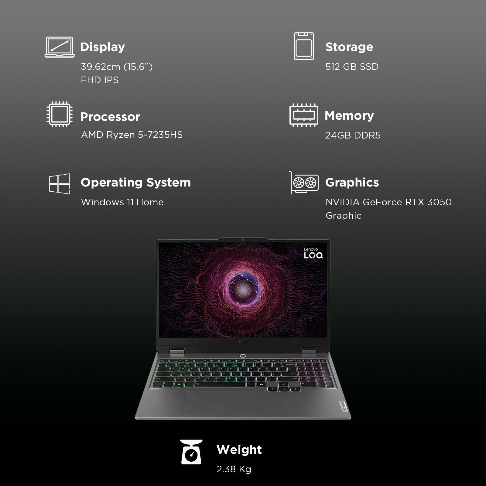 Lenovo LOQ 15ARP9 AMD Ryzen 5 Gaming Laptop (24GB, 512GB SSD, Windows 11 Home, 6GB Graphics, 15.6 inch 144 Hz Full HD IPS Display, NVIDIA GeForce RTX 3050, MS Office Home 2024, Luna Grey, 2.38 KG)_3