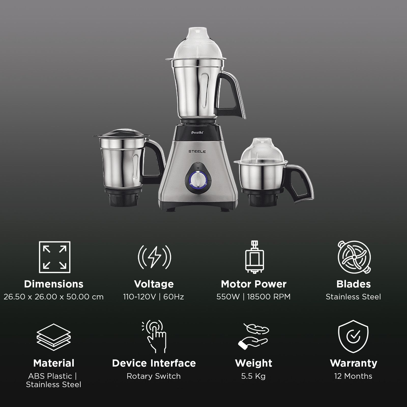 Preethi Steele MG 206 550 Watt 3 Jars Mixer Grinder (18500 RPM, Turbo Vent Technology, Grey)_2
