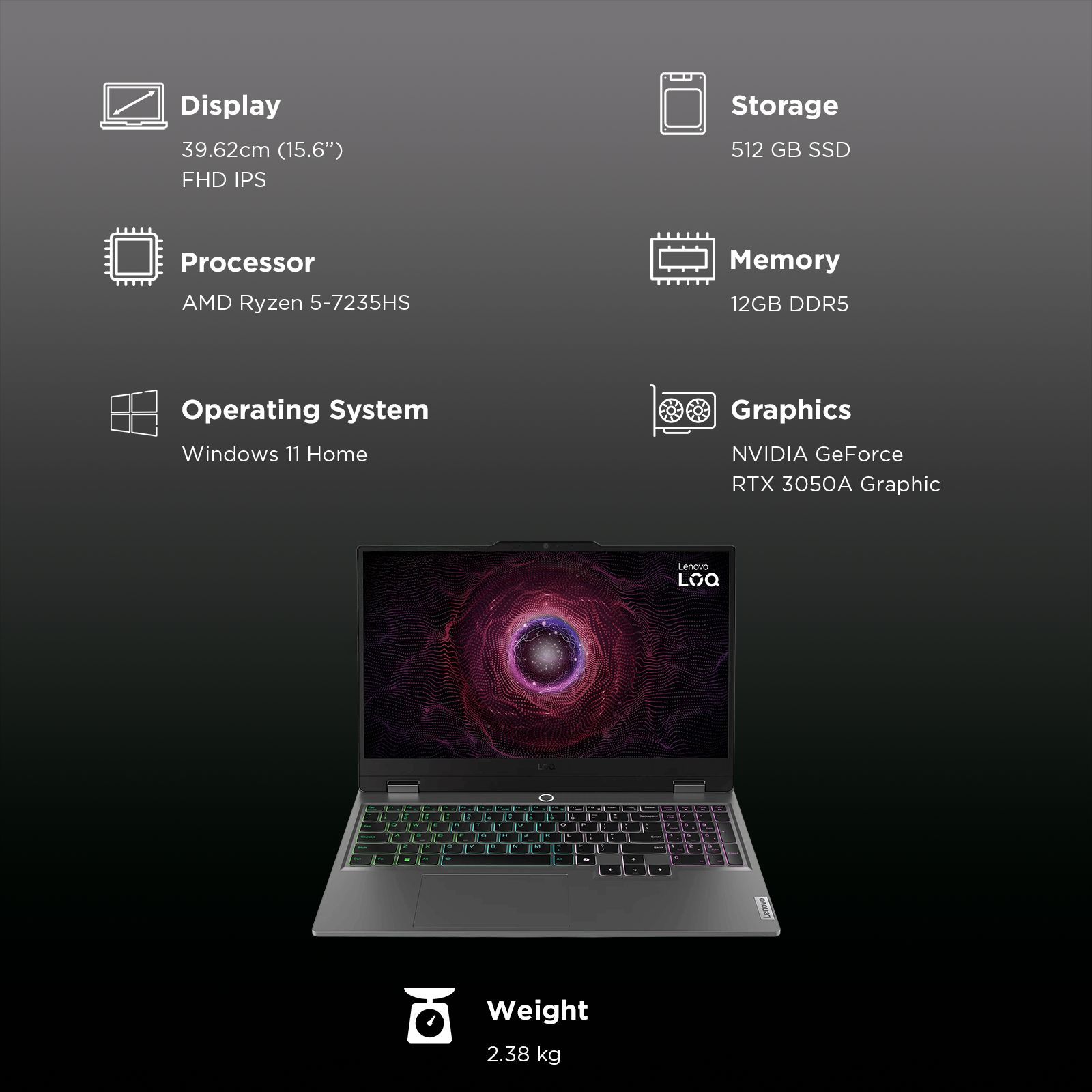 Lenovo LOQ 15ARP9 AMD Ryzen 5 Gaming Laptop (12GB, 512GB SSD, Windows 11 Home, 4GB Graphics, 15.6 inch 144 Hz Full HD IPS Display, NVIDIA GeForce RTX 3050A, MS Office Home 2024, Luna Grey, 2.38 KG)_3