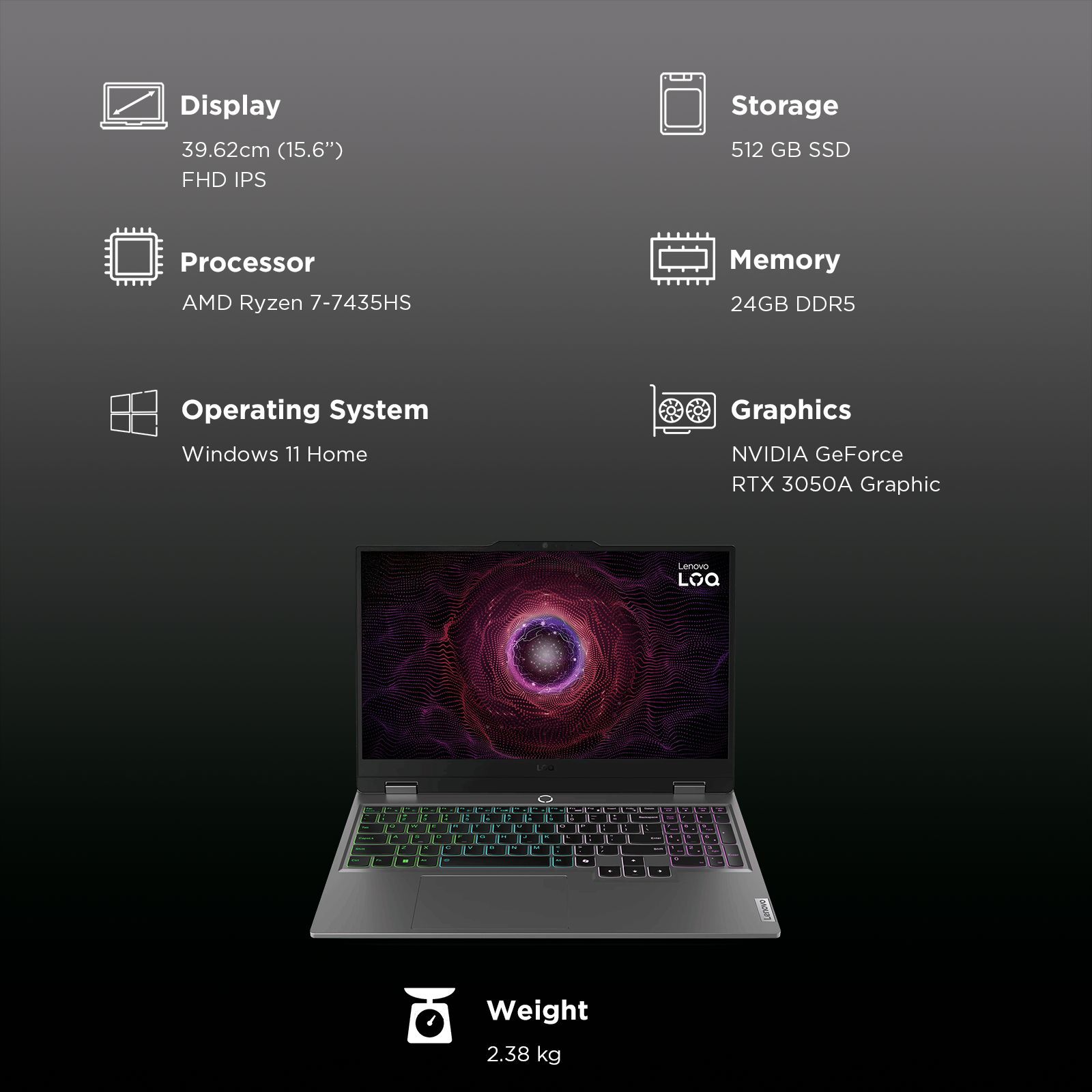 Lenovo LOQ 15ARP9 AMD Ryzen 7 Gaming Laptop (24GB, 512GB SSD, Windows 11 Home, 4GB Graphics, 15.6 inch 144 Hz Full HD IPS Display, NVIDIA GeForce RTX 3050A, MS Office Home 2024, Luna Grey, 2.38 KG) Lenovo LOQ 15ARP9 AMD Ryzen 7 Gaming Laptop (24GB, 512GB SSD, Windows 11 Home, 4GB Graphics, 15.6 inch 144 Hz Full HD IPS Display, NVIDIA GeForce RTX 3050A, MS Office Home 2024, Luna Grey, 2.38 KG)_3