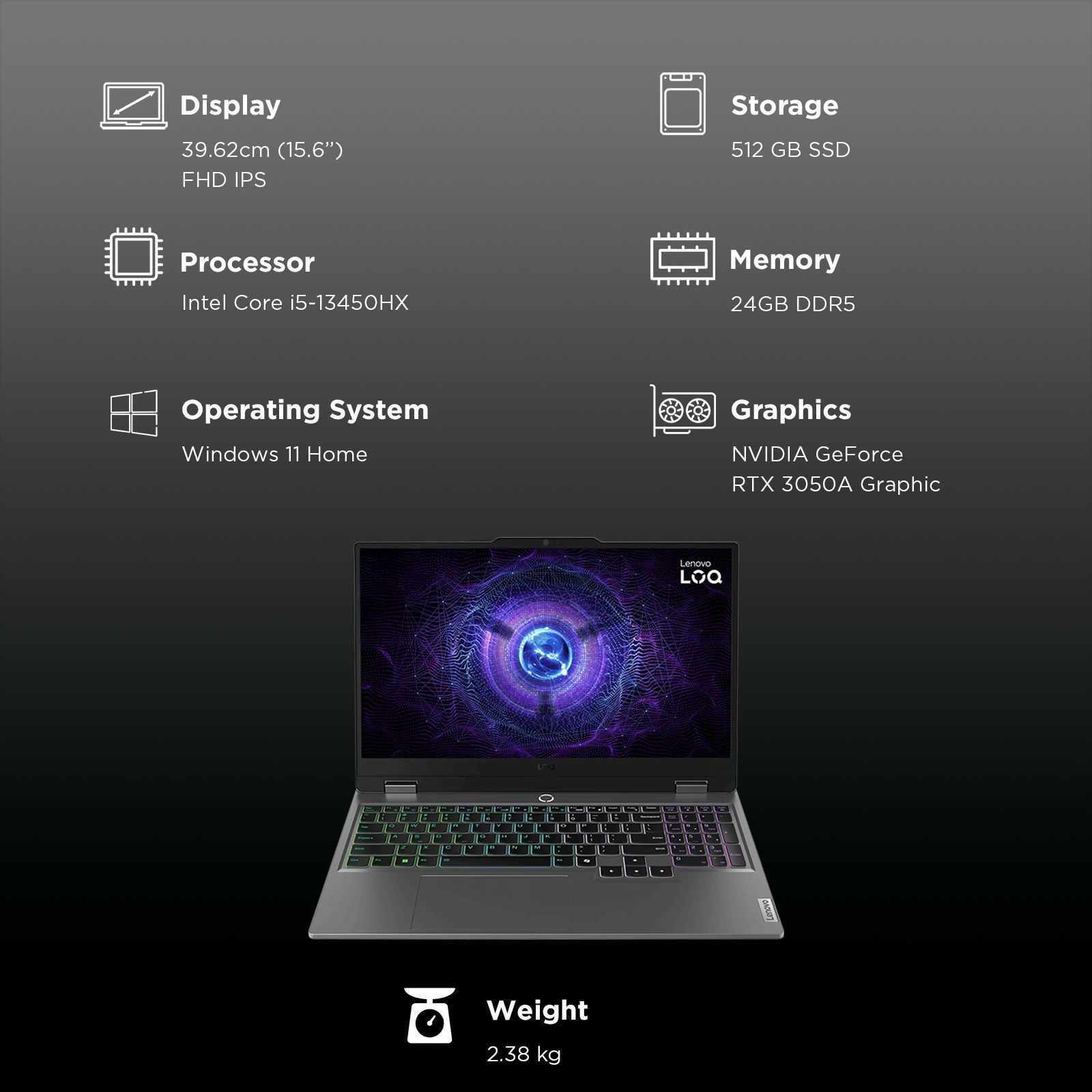 Lenovo LOQ 15IRX9 Intel Core i5 13th Gen Gaming Laptop (24GB, 512GB SSD, Windows 11 Home, 4GB Graphics, 15.6 inch 144 Hz Full HD IPS Display, NVIDIA GeForce RTX 3050A, MS Office Home 2024, Luna Grey, 2.38 KG)_3