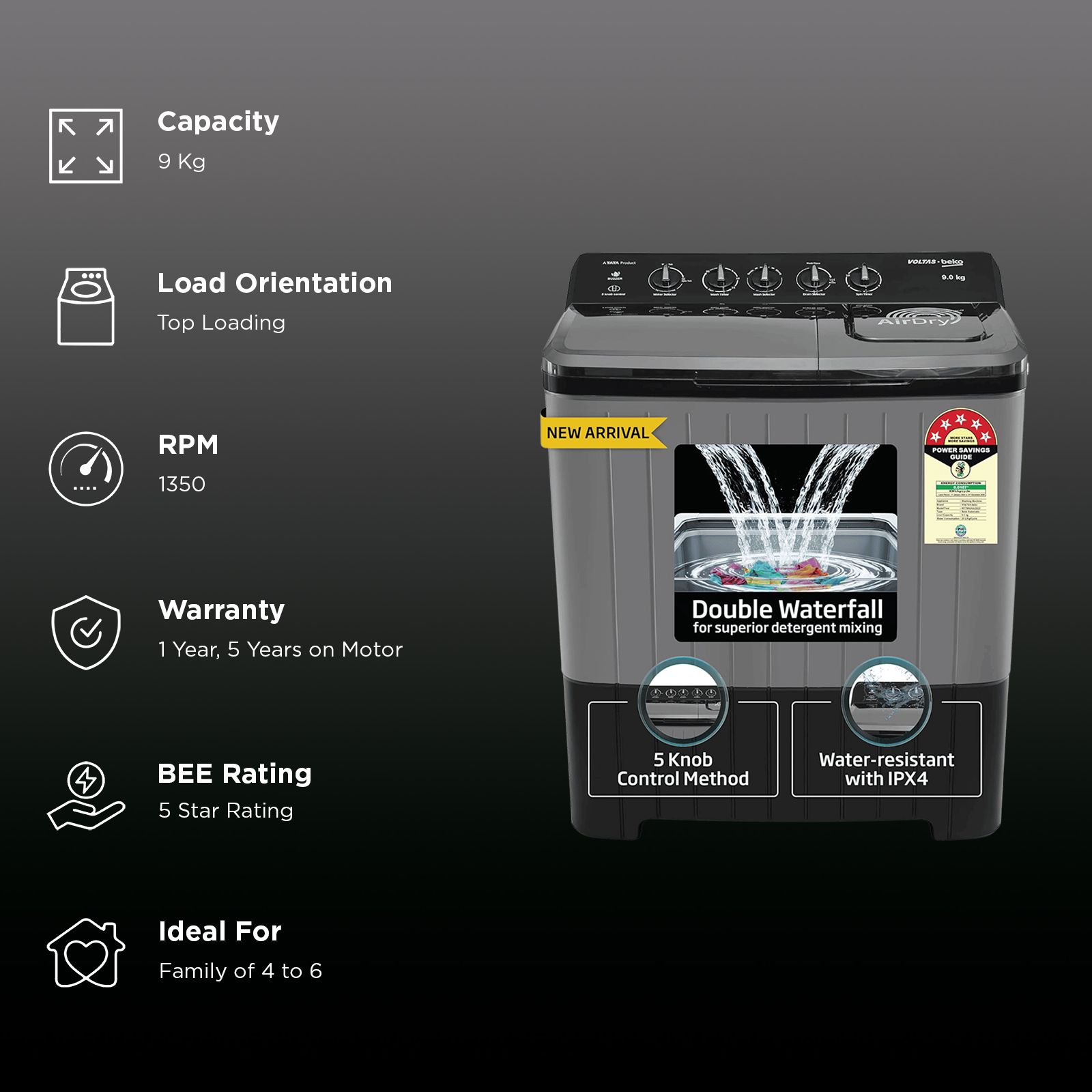 VOLTAS beko 9 kg 5 Star Semi Automatic Washing Machine with Double Waterfall Technology (WTT90UHA, Black)_2