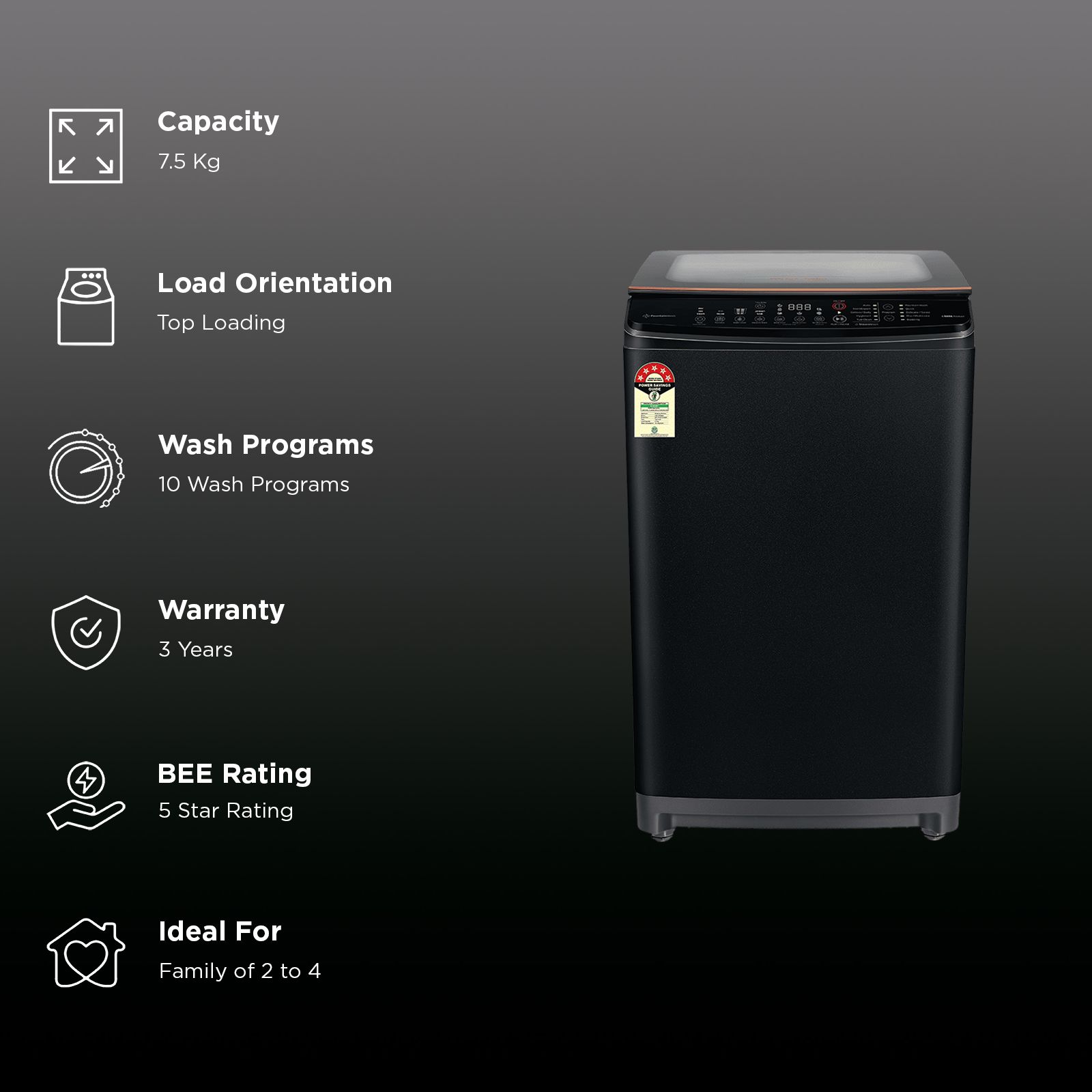 VOLTAS beko 7.5 Kg 5 Star Fully Automatic Top Load Washing Machine (WTL7512VAA, In-built Heater, Black)_2