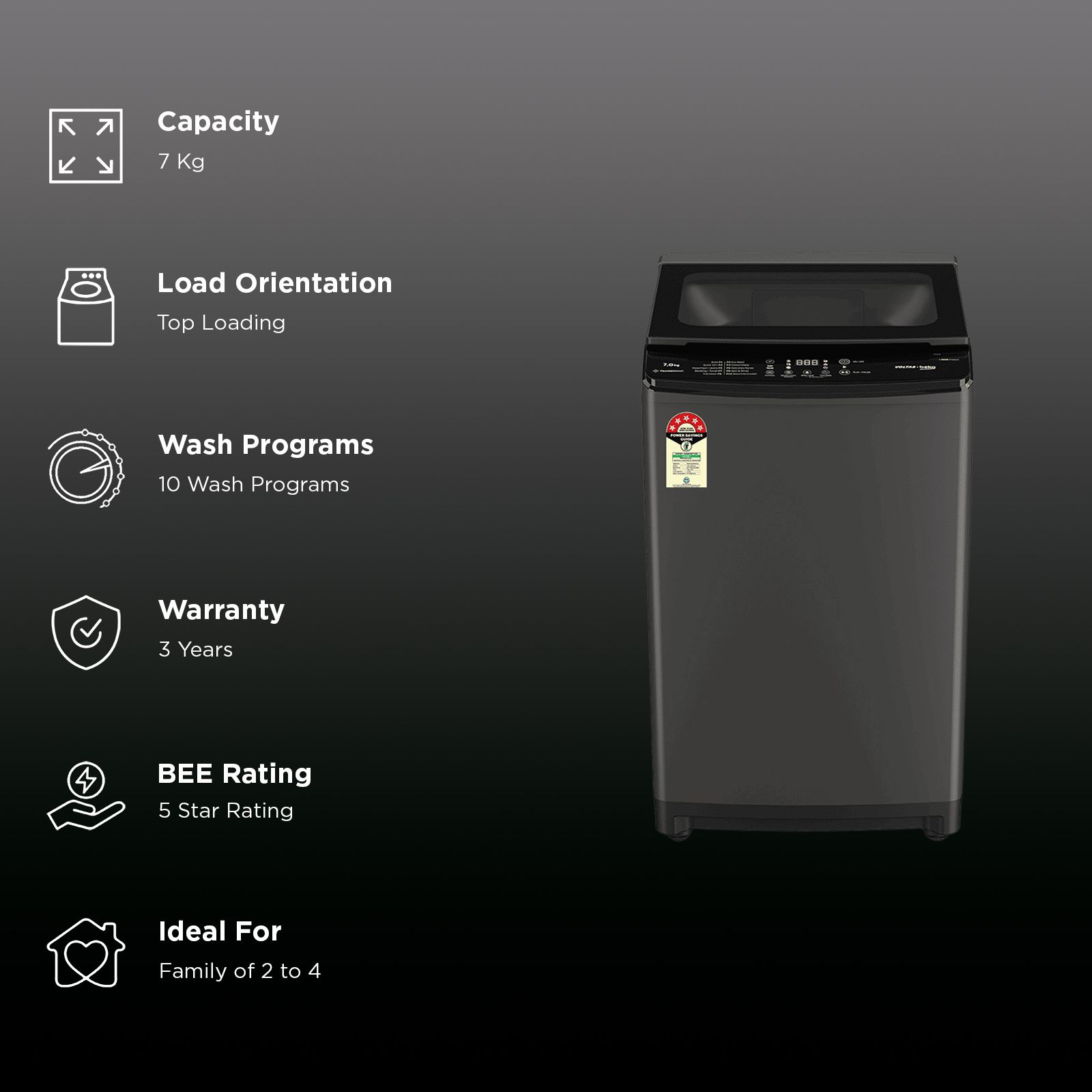 VOLTAS beko 7 Kg 5 Star Fully Automatic Top Load Washing Machine (WTL7006UAA, Aqua Wave Drum, Medium Grey)_2