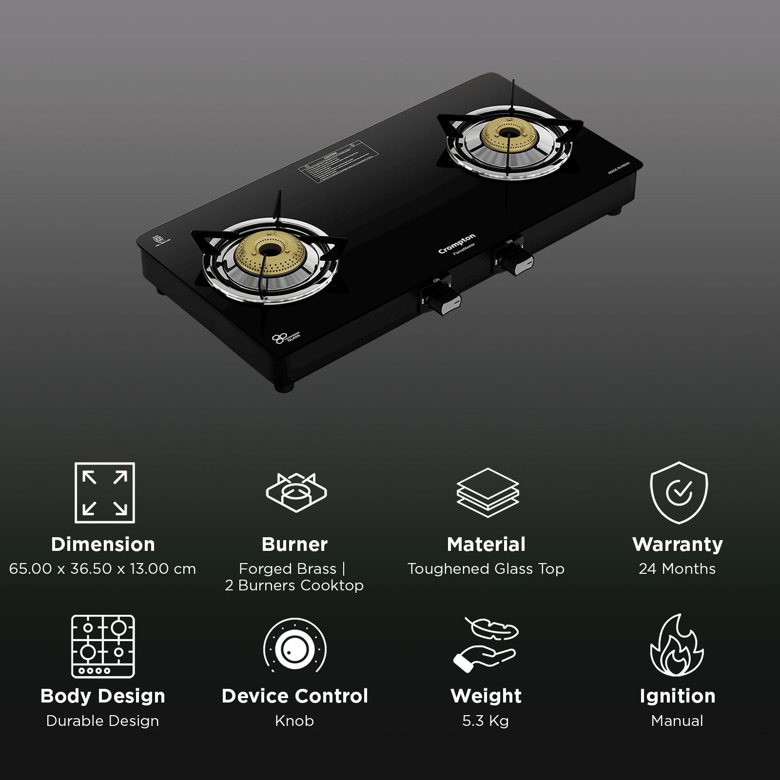 Crompton FlameMaster Toughened Glass Top 2 Burner Manual Gas Stove (Mild Steel Body, Black)_3