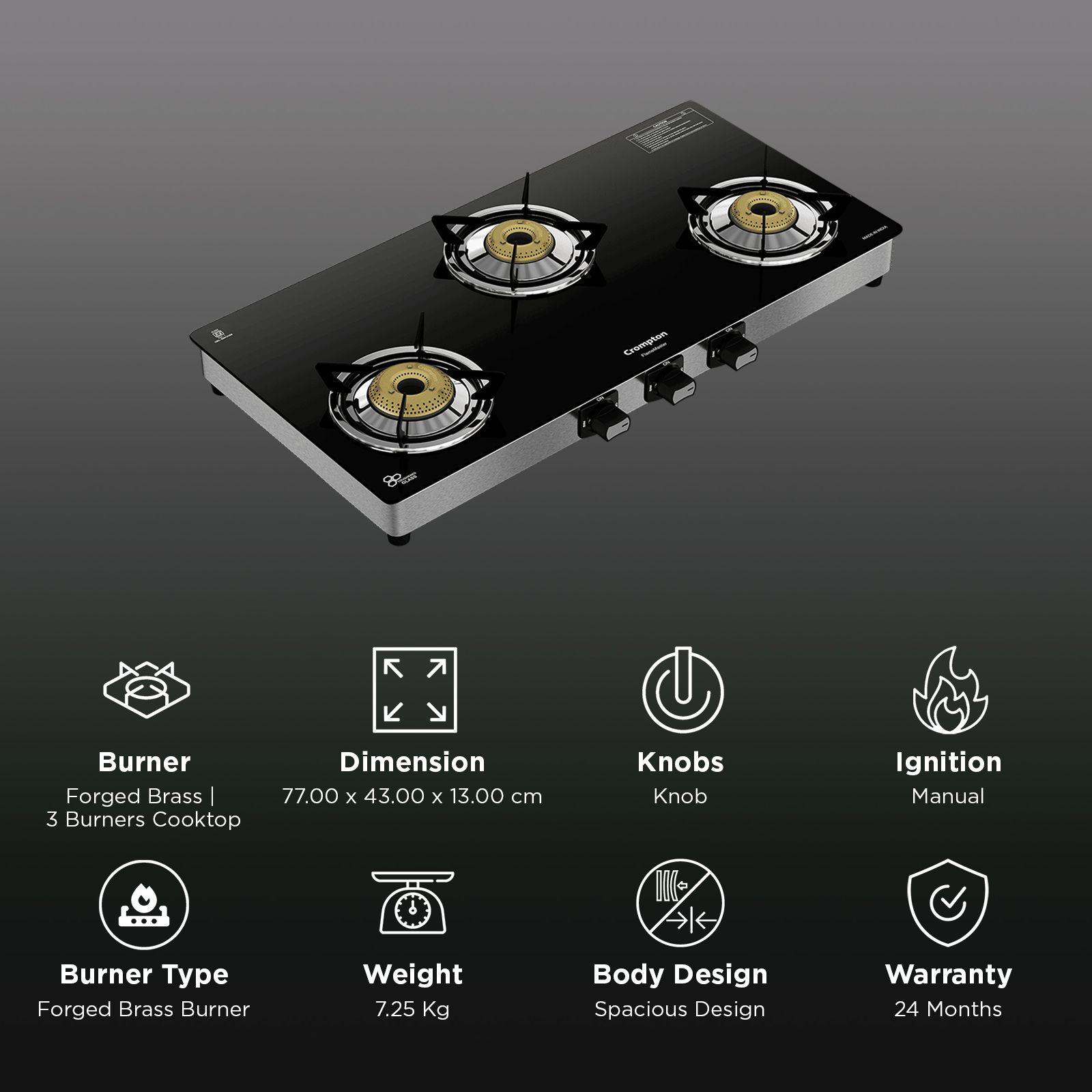Crompton FlameMaster Toughened Glass Top 3 Burner Manual Gas Stove (Stainless Steel Body, Black)_3