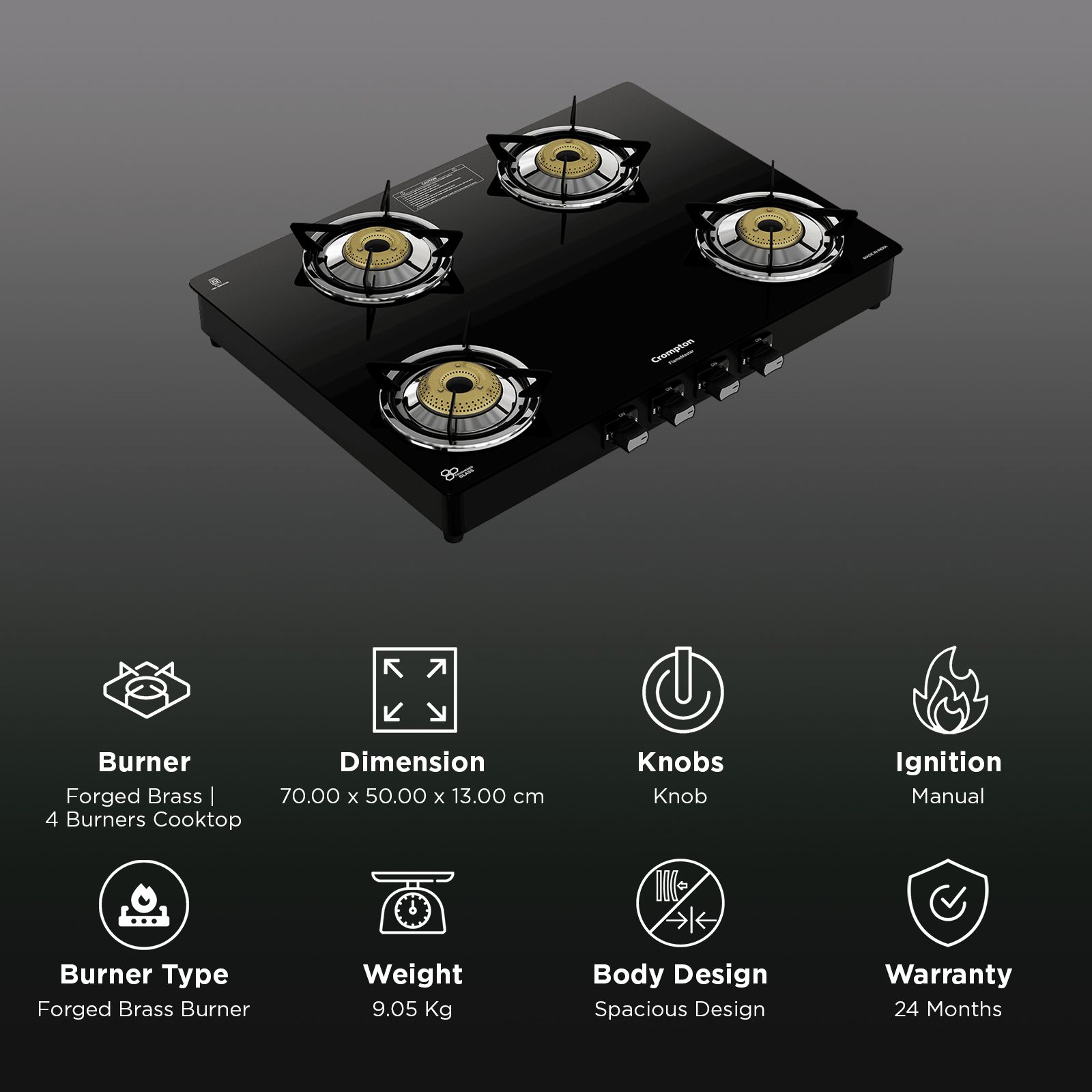 Crompton FlameMaster Toughened Glass Top 4 Burner Manual Gas Stove (Mild Steel Body, Black)_3