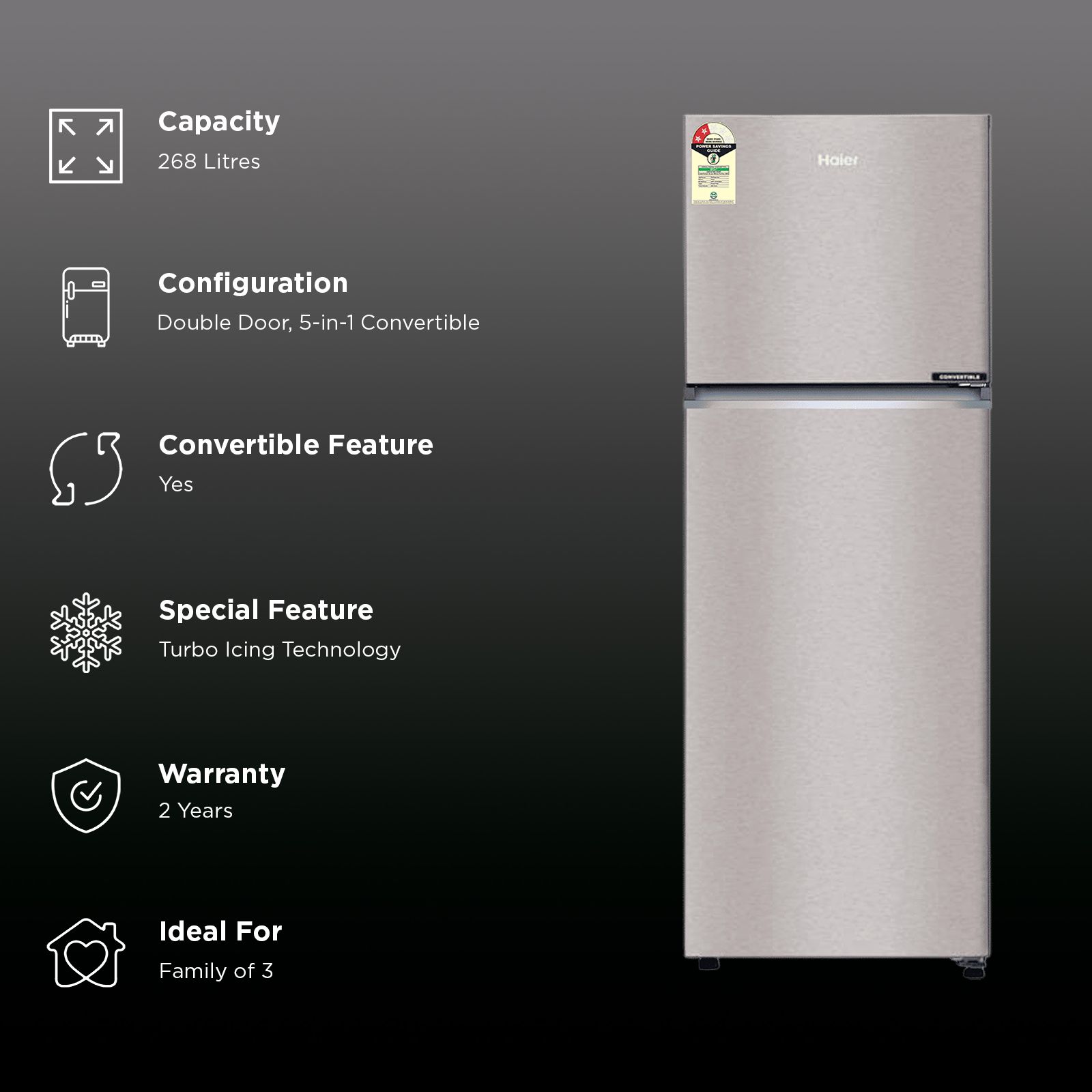 Haier 268 Litres 2 Star Frost Free Double Door Convertible Refrigerator with Turbo Icing Technology (HRF-3182IBNS-P, Nickel Steel)_2