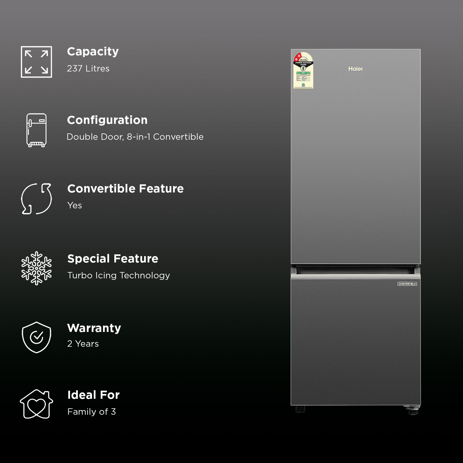 Haier 237 Litres 2 Star Frost Free Double Door Bottom Mount Convertible Refrigerator with Turbo Icing Technology (HRB-2872IBGB-P, GE Black)_2