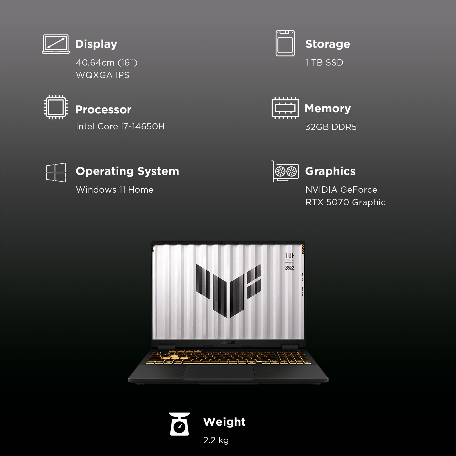 ASUS TUF F16 FX688JPR-QT043WS Intel Core i7 14th Generation Gaming Laptop (32GB, 1TB SSD, Windows 11 Home, 8GB Graphics, 16 inch 165 Hz WQXGA IPS Display, NVIDIA GeForce RTX 5070, MS Ofice Home 2024, Jaeger Gray, 2.20 KG)_3