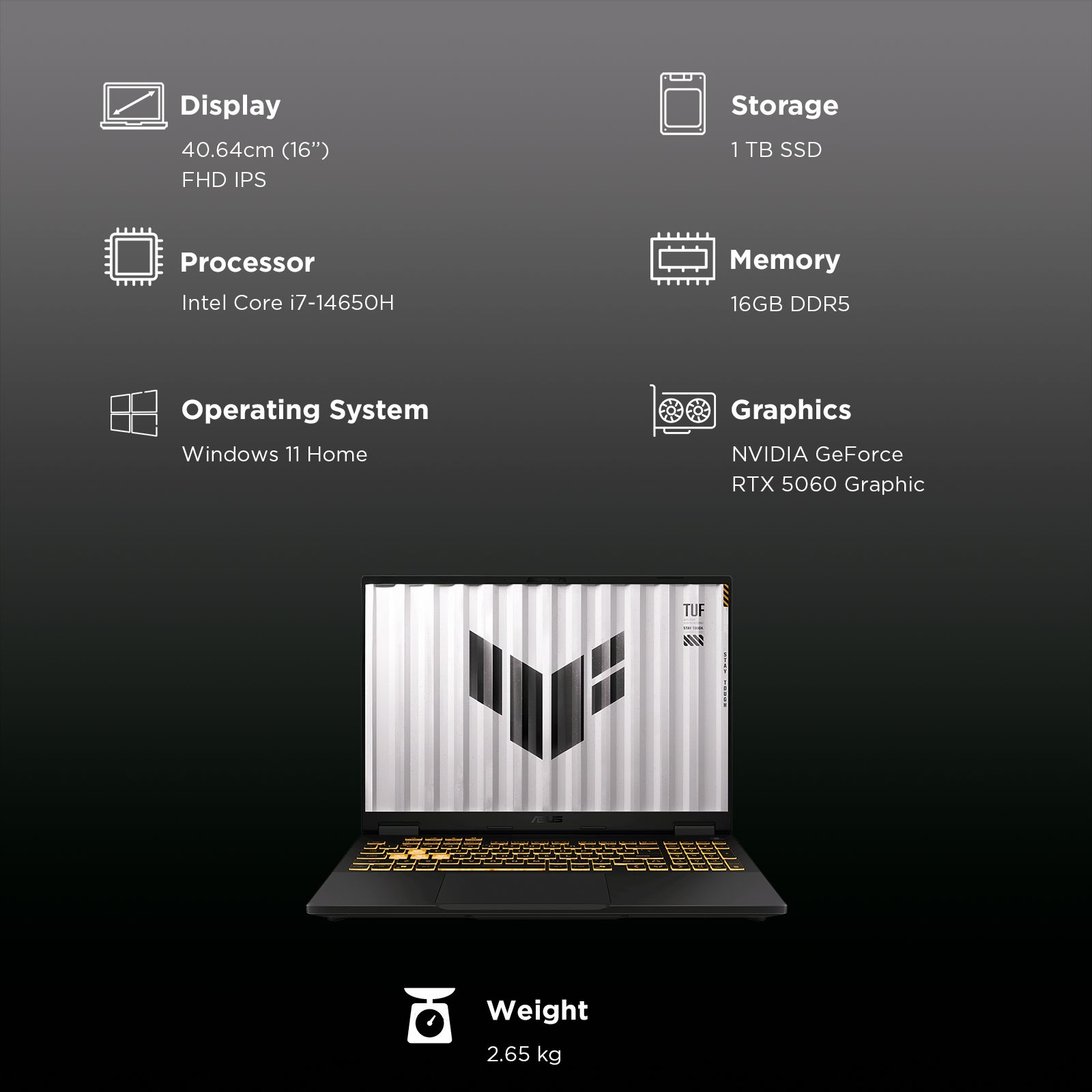 ASUS TUF F16 FX608JMR-RV049WS Intel Core i7 14th Generation Gaming Laptop (16GB, 1TB SSD, Windows 11 Home, 8GB Graphics, 16 inch 165 Hz Full HD IPS Display, NVIDIA GeForce RTX 5060, MS Office Home 2024, Jaeger Gray, 2.20 KG)_3