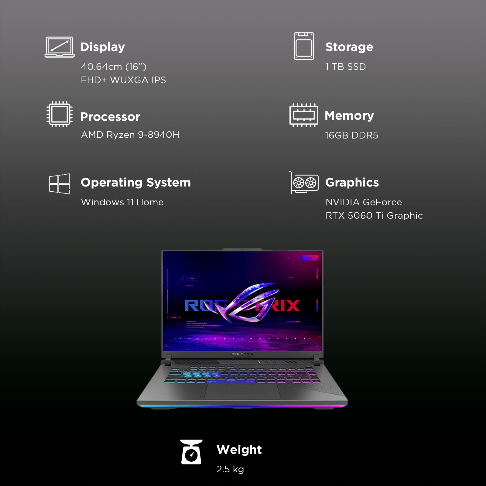 ASUS ROG Strix G16 G614PR-RV032WS AMD Ryzen 9 Gaming Laptop (16GB, 1TB SSD, Windows 11 Home, 12GB Graphics, 16 inch 165 Hz Full HD+ WUXGA IPS Display, NVIDIA GeForce RTX 5070 Ti, MS Office Home 2024, Eclipse Gray, 2.50 KG)_3