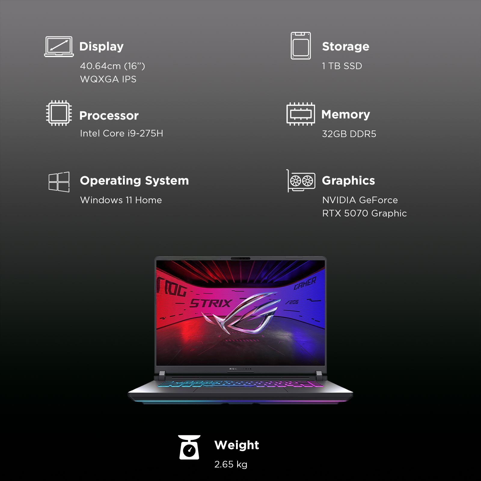 ASUS ROG Strix G16 G615LP-S5022WS Intel Core Ultra 9 Gaming Laptop (32GB, 1TB SSD, Windows 11 Home, 8GB Graphics, 16 inch 240 Hz 2.5K WQXGA IPS Display, NVIDIA GeForce RTX 5070, MS Office Home 2024, Eclipse Gray, 2.65 KG)_3