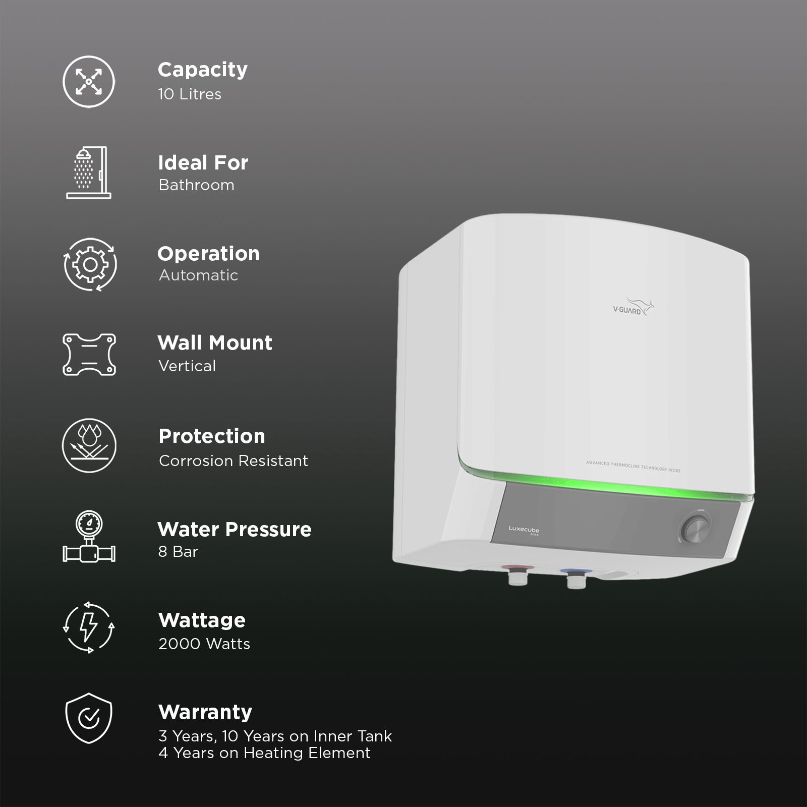 V-GUARD LUXECUBE ELITE 10 Litre 5 Star Vertical Storage Water Geyser with Advanced Thermocline Technology (White)_3