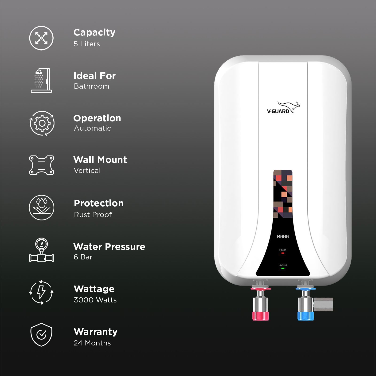 V-GUARD Maha 5 Litre Vertical Instant Geyser with Stainless Steel Tank (White)_3