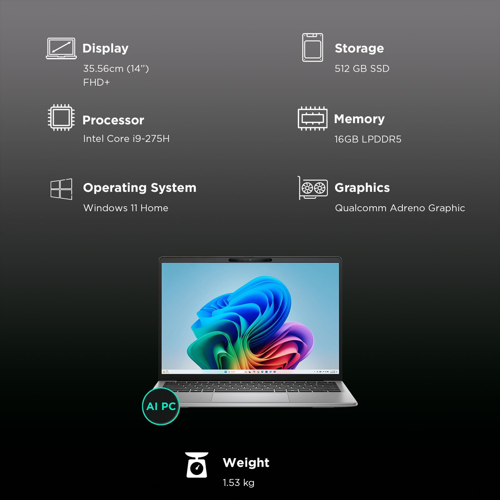 Dell Inspiron Qualcomm Snapdragon X Plus Laptop (16GB, 512GB SSD, Windows 11 Home, 14 inch Full HD IPS Display, MS Office Home & Student 2021, Titan Grey, 1.53 KG)_3